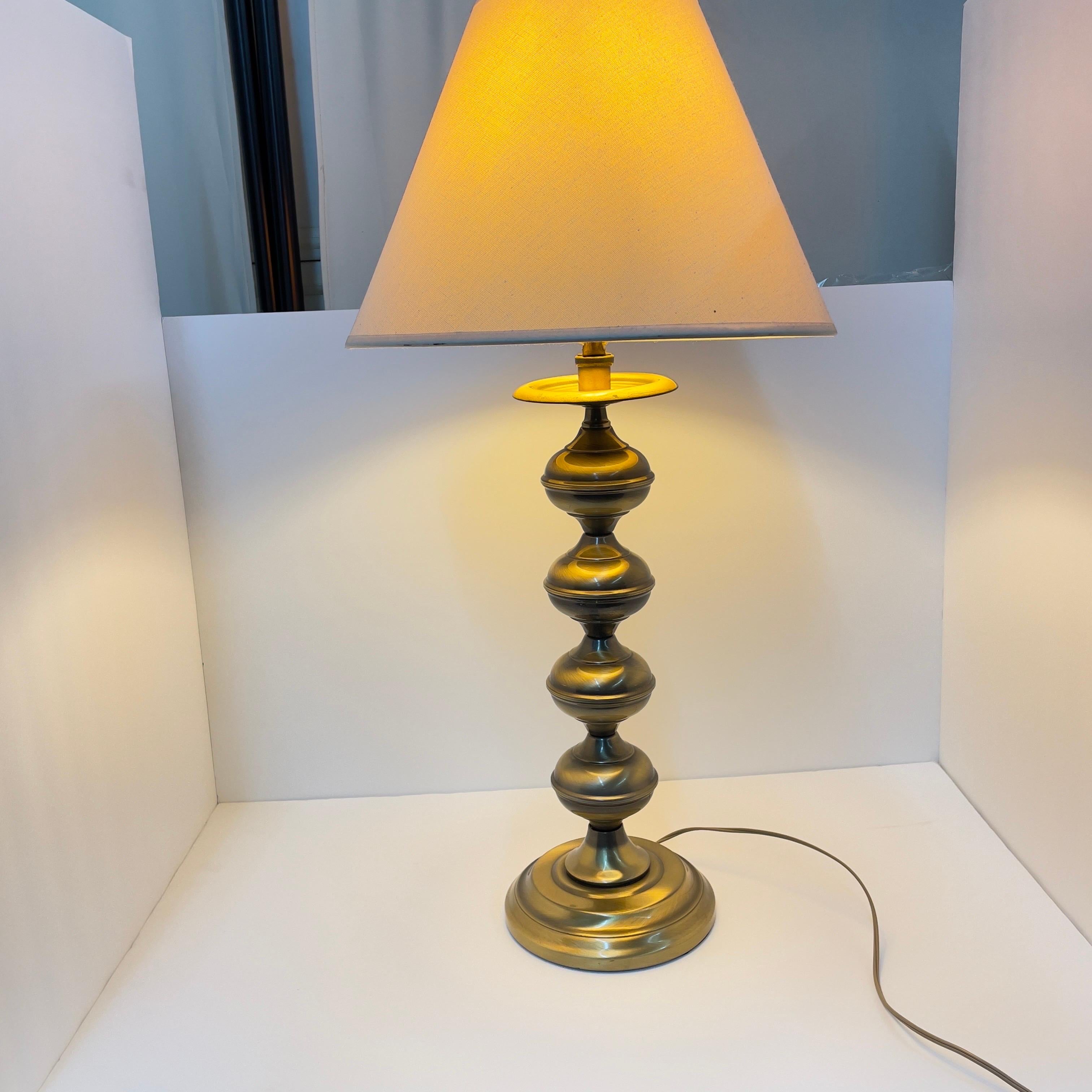 Mid Century Modern Brass Turned Table Lamp With Shade- 2 Pieces For Sale 1