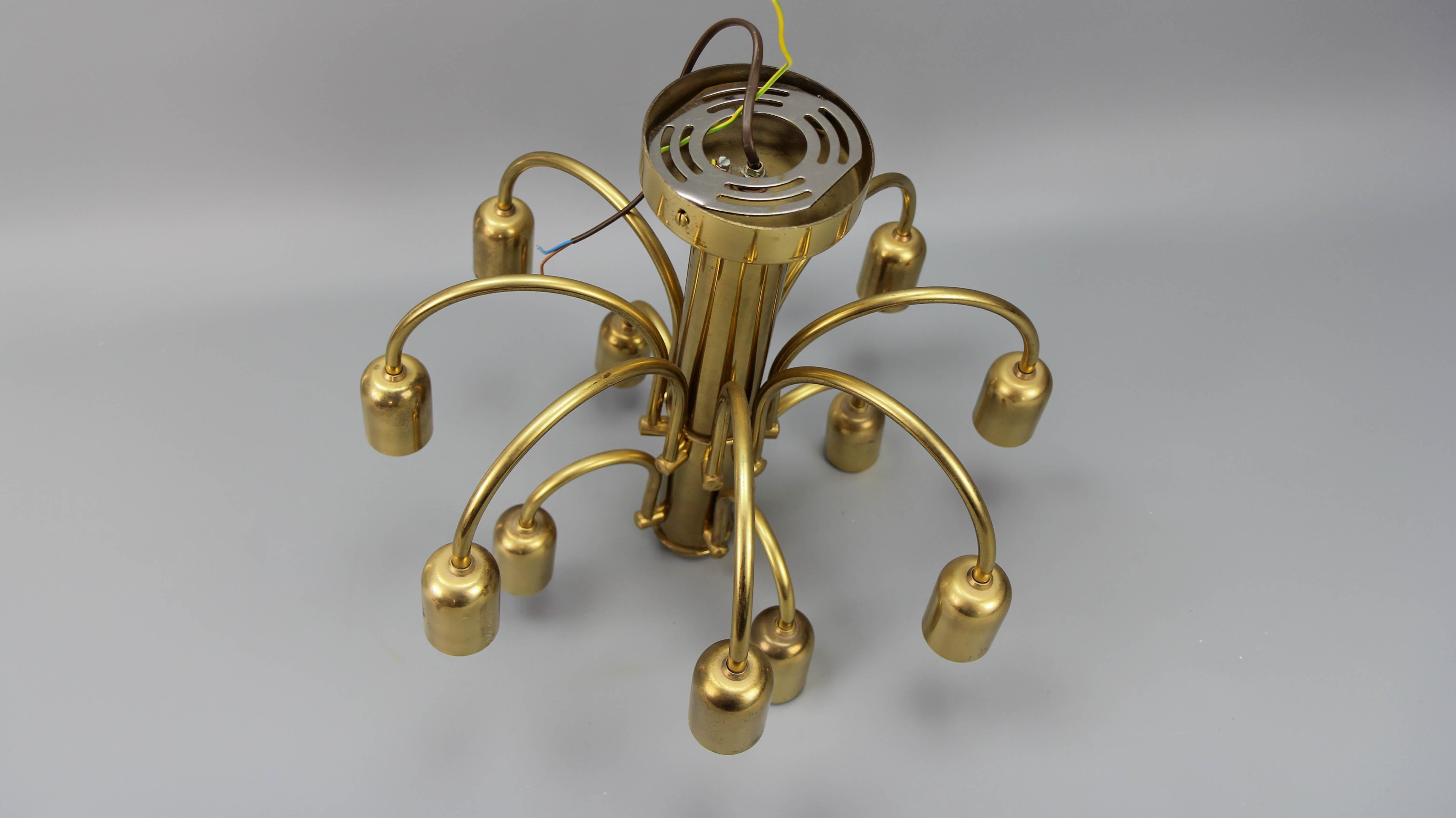 German Mid-Century Modern Brass Twelve-Light Flush Mount Chandelier, 1970s For Sale 8