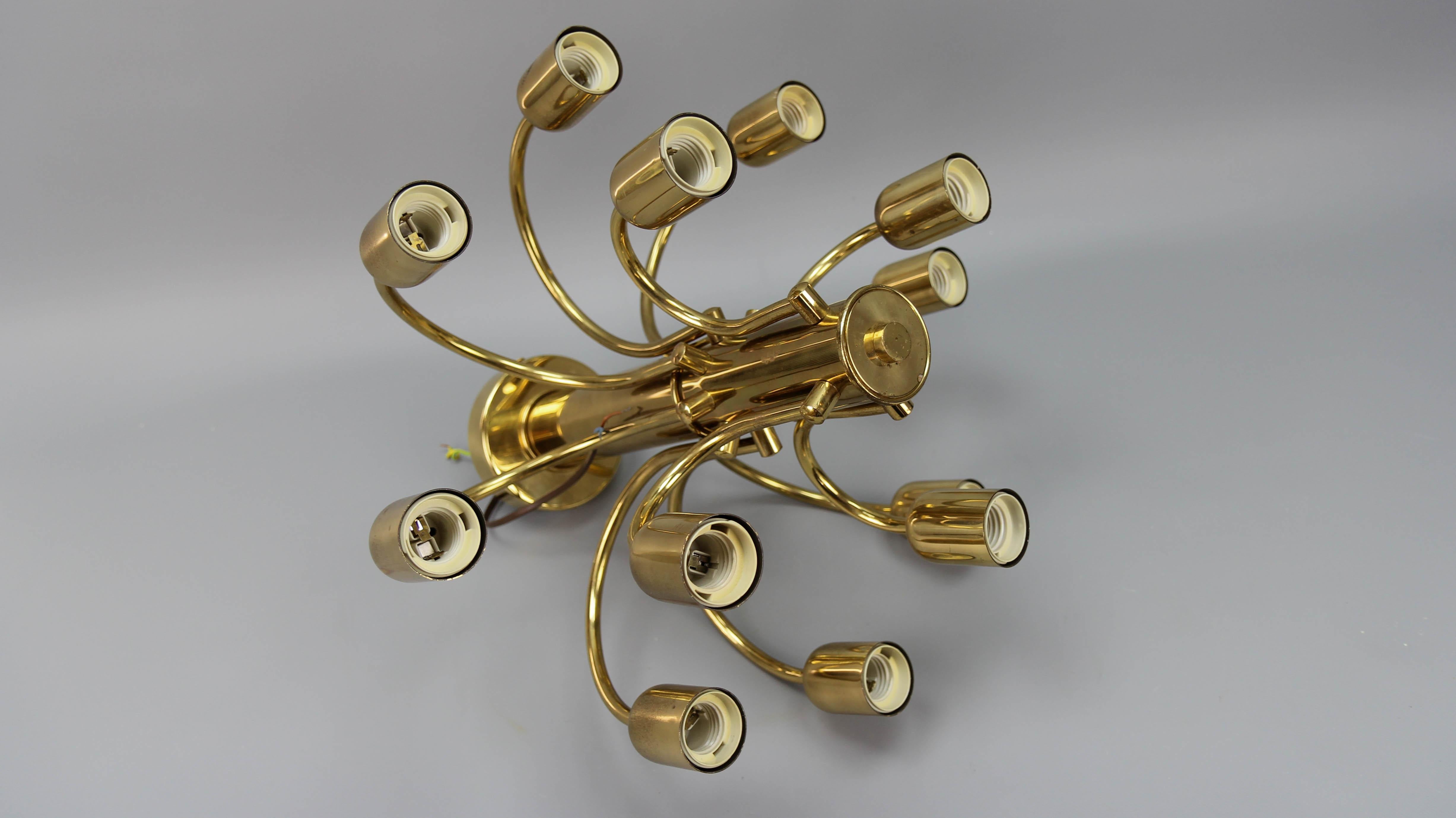 German Mid-Century Modern Brass Twelve-Light Flush Mount Chandelier, 1970s For Sale 10