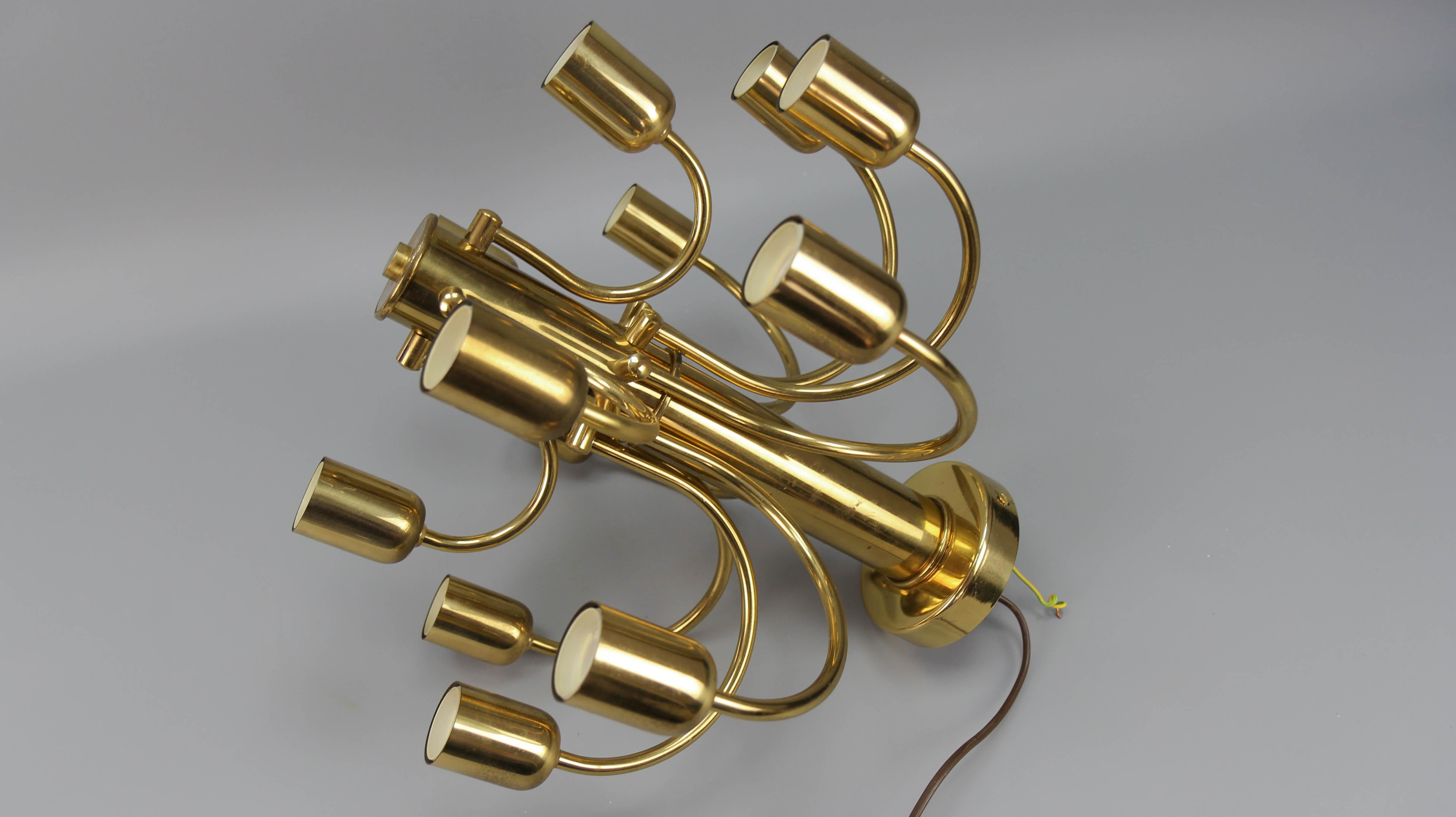 German Mid-Century Modern Brass Twelve-Light Flush Mount Chandelier, 1970s For Sale 11