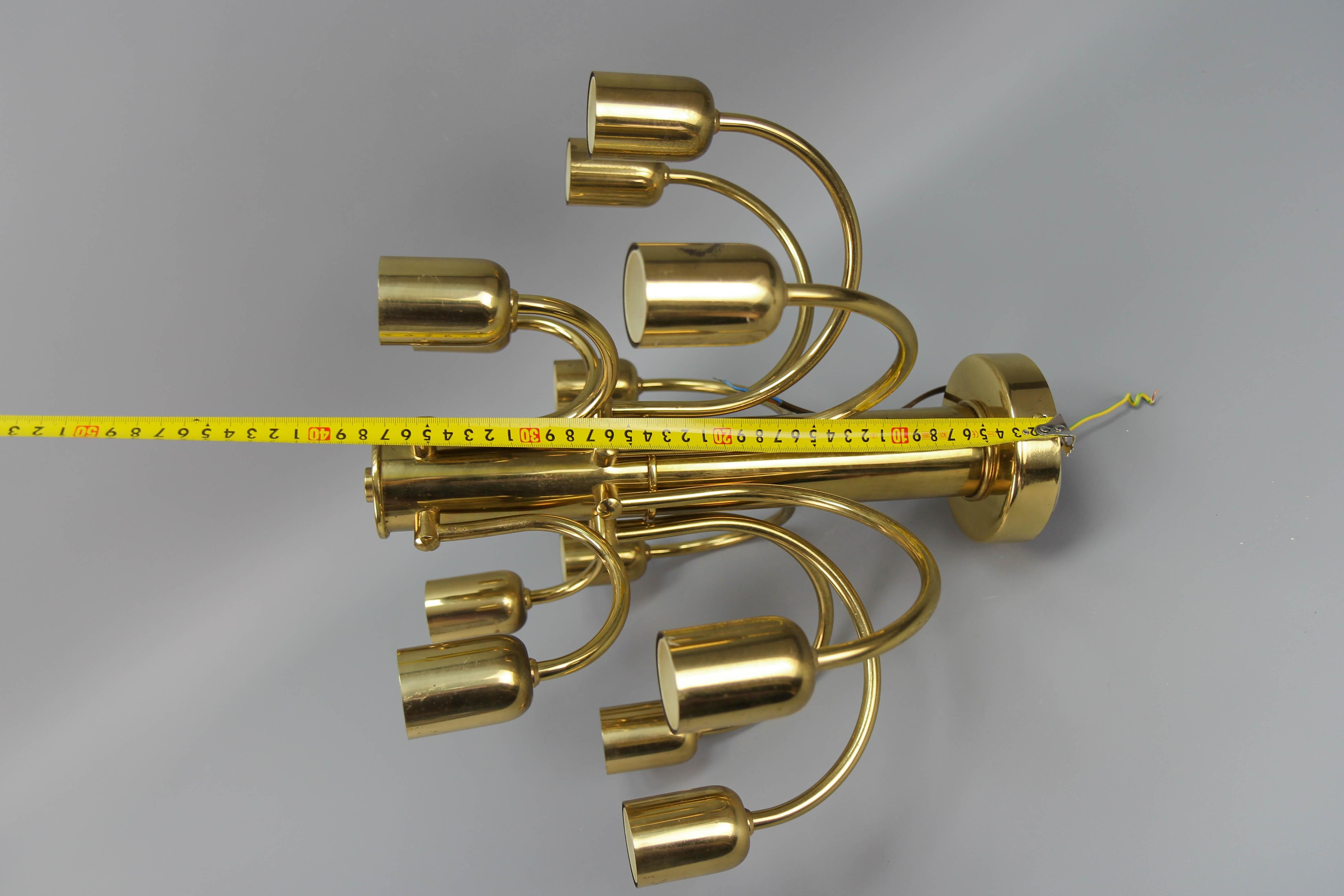 German Mid-Century Modern Brass Twelve-Light Flush Mount Chandelier, 1970s For Sale 13