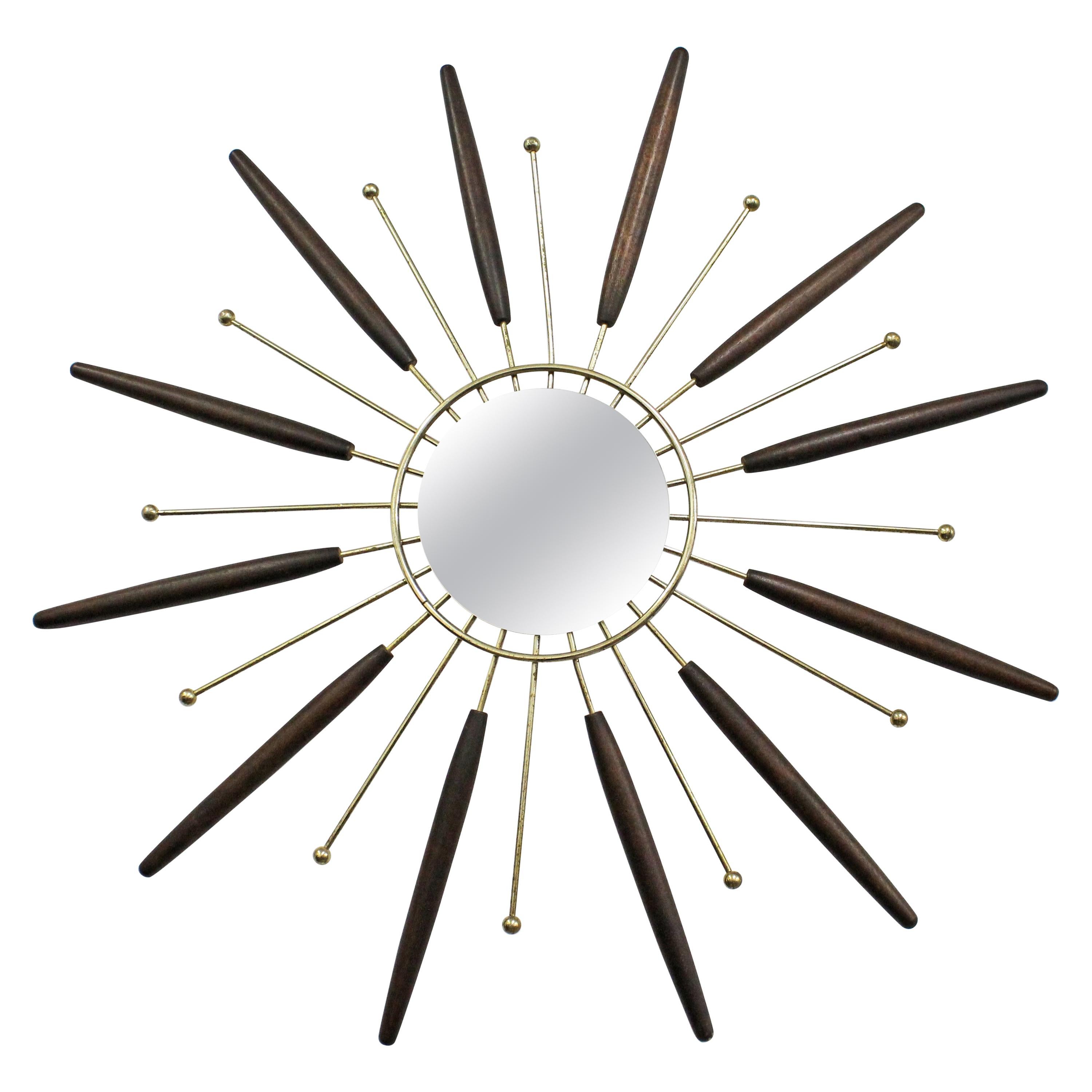 Mid-Century Modern Brass and Walnut Atomic Starburst Wall Mirror