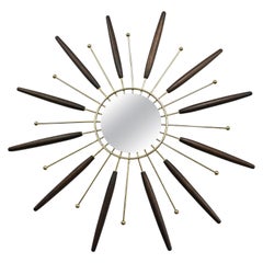 Mid-Century Modern Brass and Walnut Atomic Starburst Wall Mirror