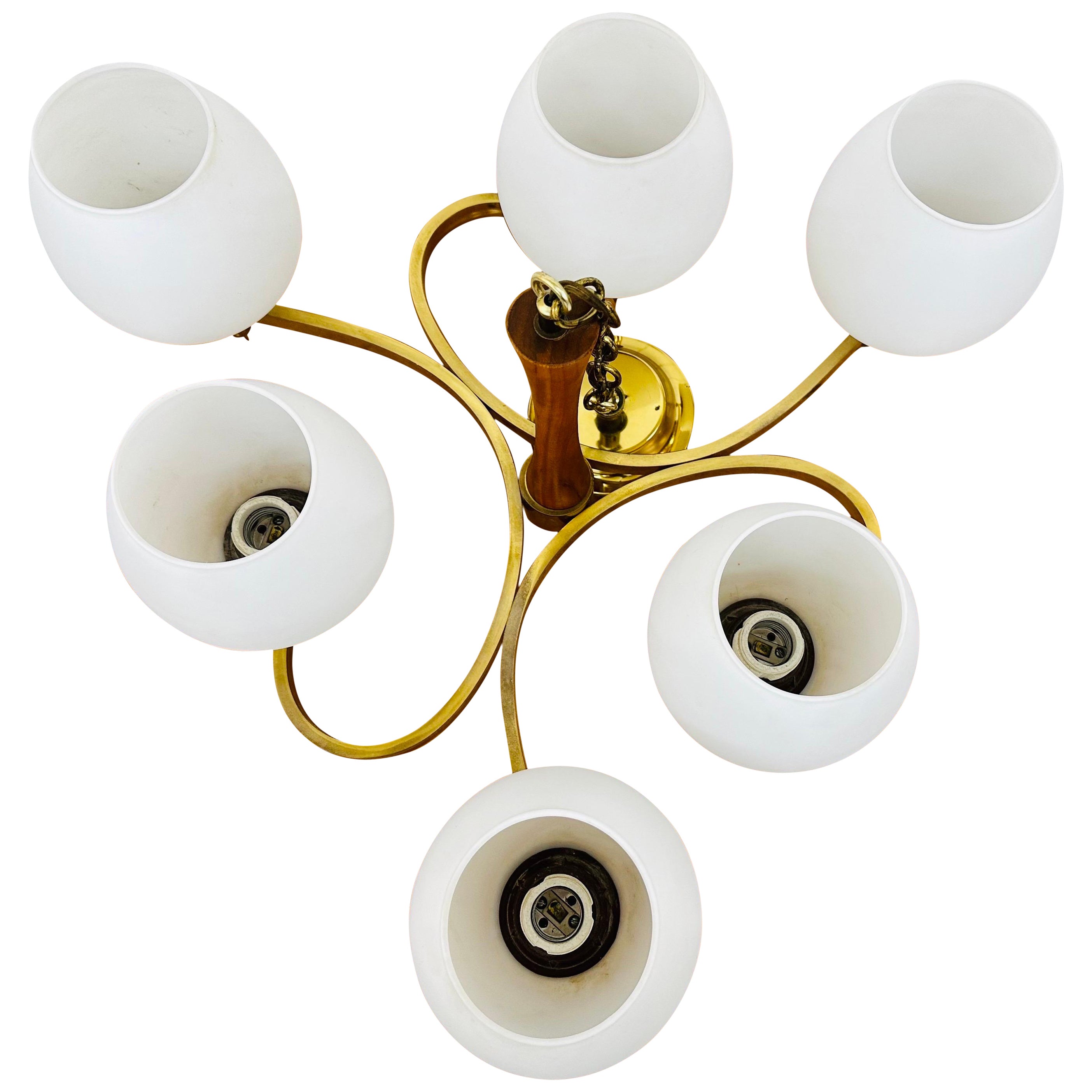 Mid-Century Modern Brass 
Walnut Chandelier