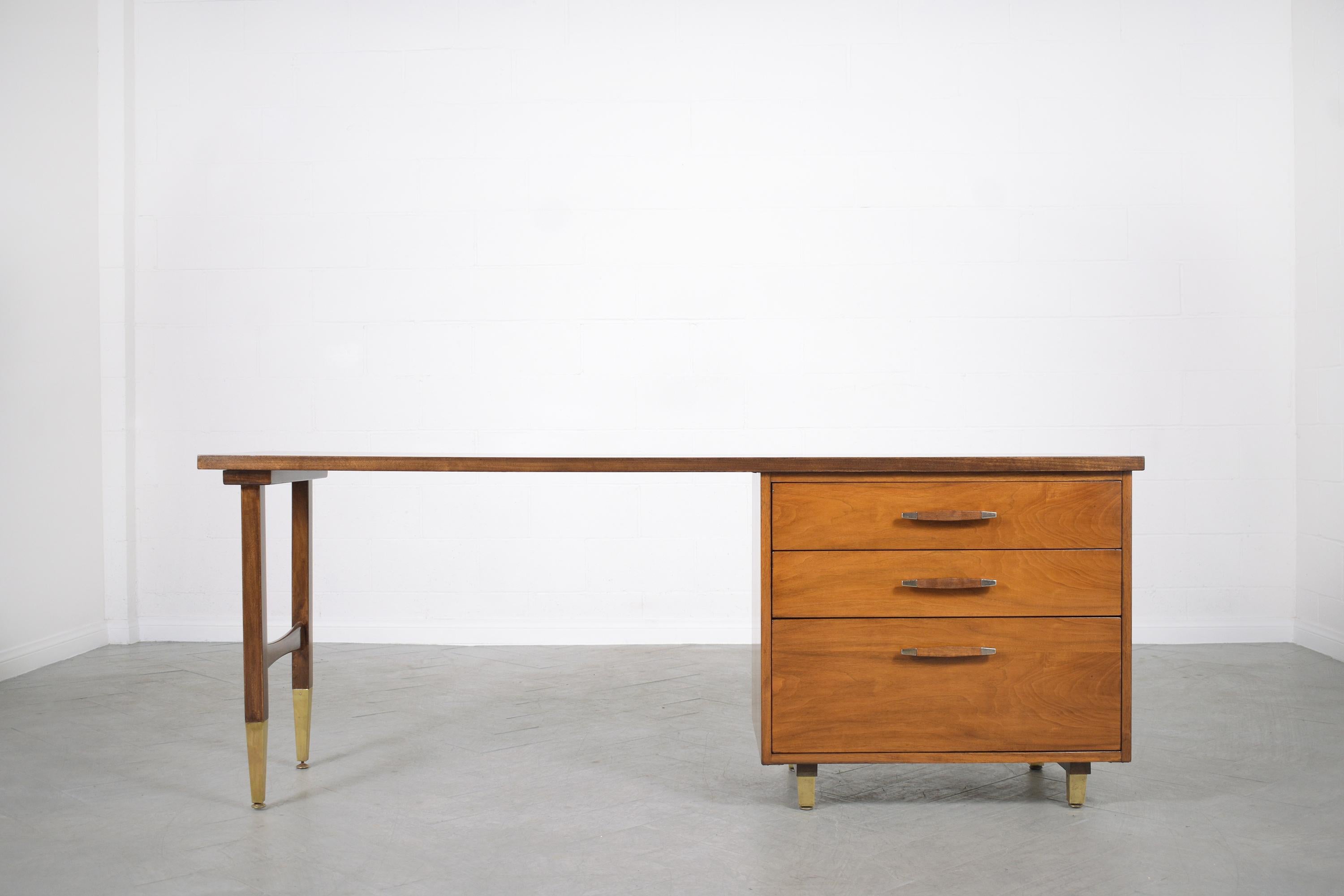 Carved 1960s Mid-Century Modern Walnut Executive Desk with Chrome Accents For Sale