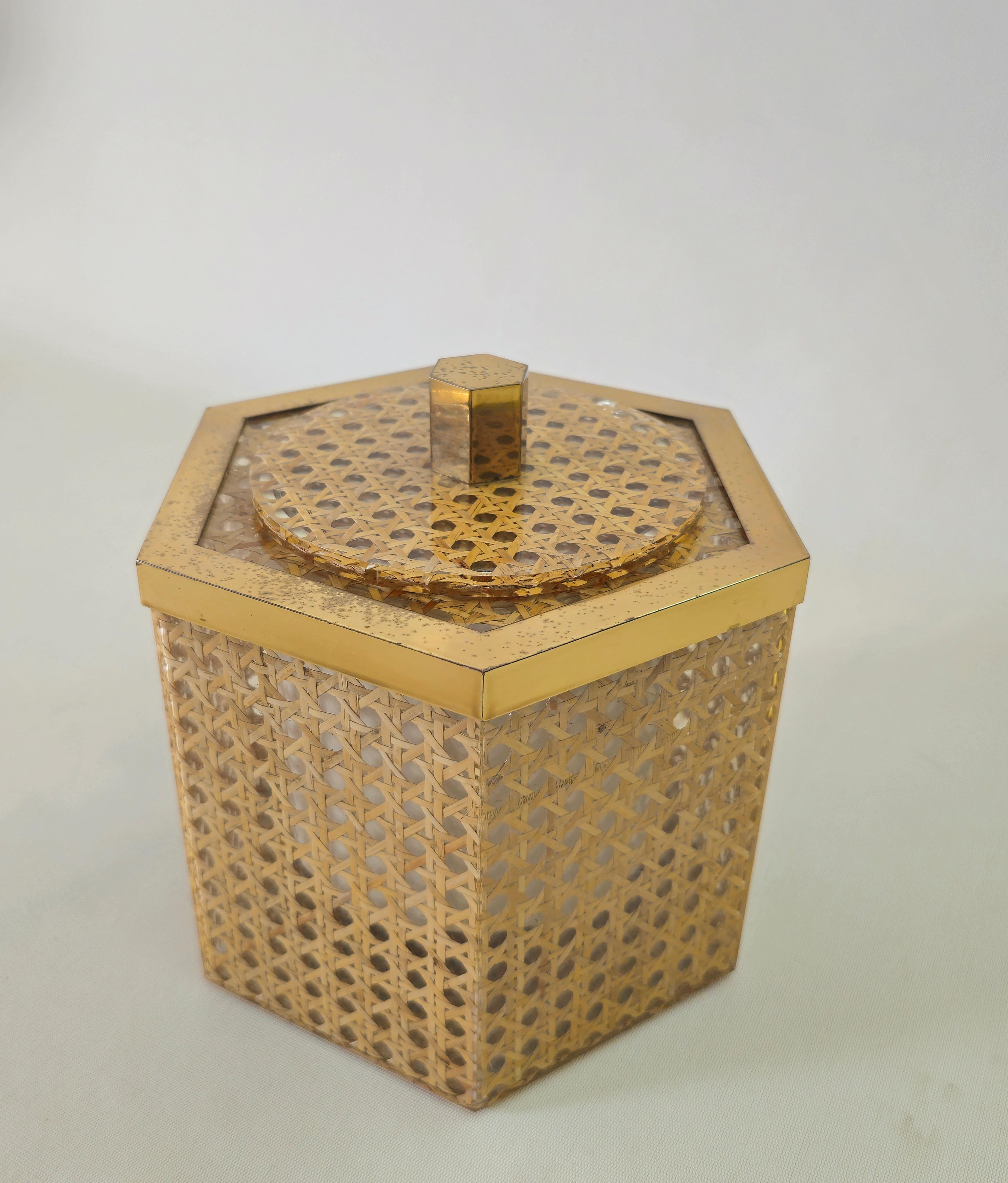 Italian Mid-Century Modern  Brass Wicker and Lucite Ice Bucket Italy 1970s