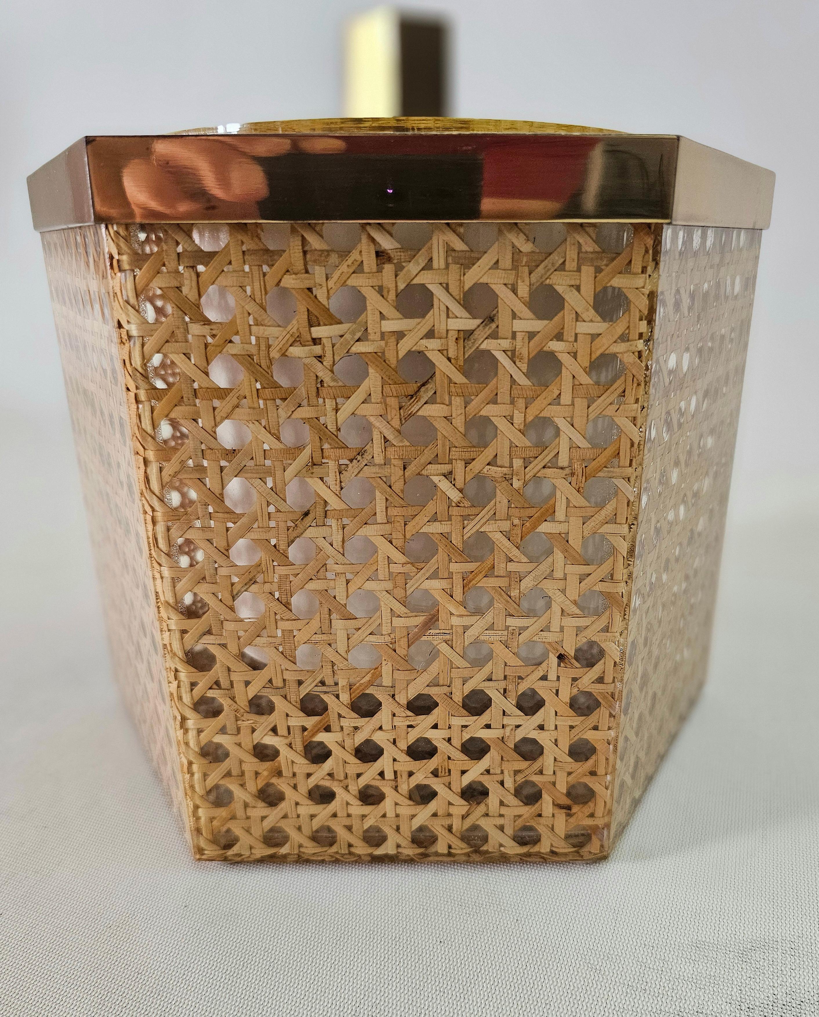 Mid-Century Modern  Brass Wicker and Lucite Ice Bucket Italy 1970s 2