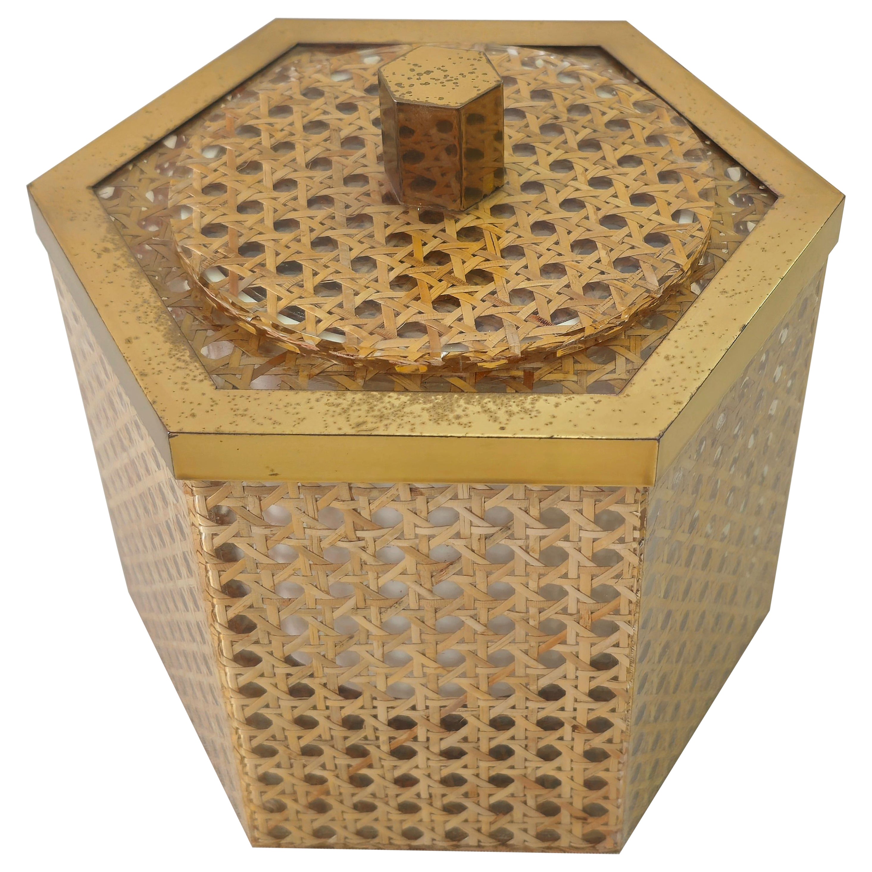 Mid-Century Modern  Brass Wicker and Lucite Ice Bucket Italy 1970s