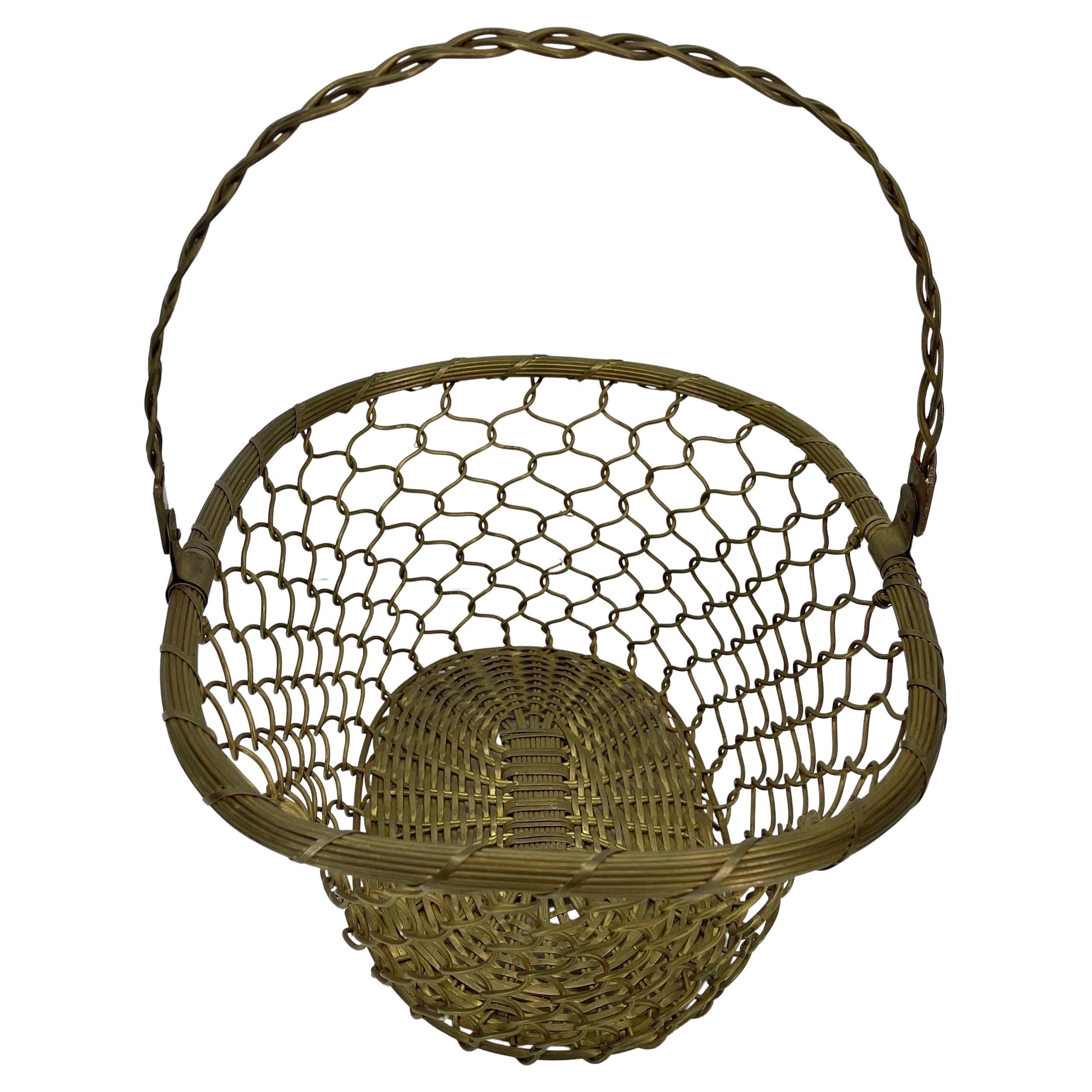 Mid-Century Modern Brass Wire and Wicker Basket with Handle, Mid-Century Modern