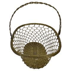 Vintage Mid-Century Modern Brass Wire and Wicker Basket with Handle, Mid-Century Modern