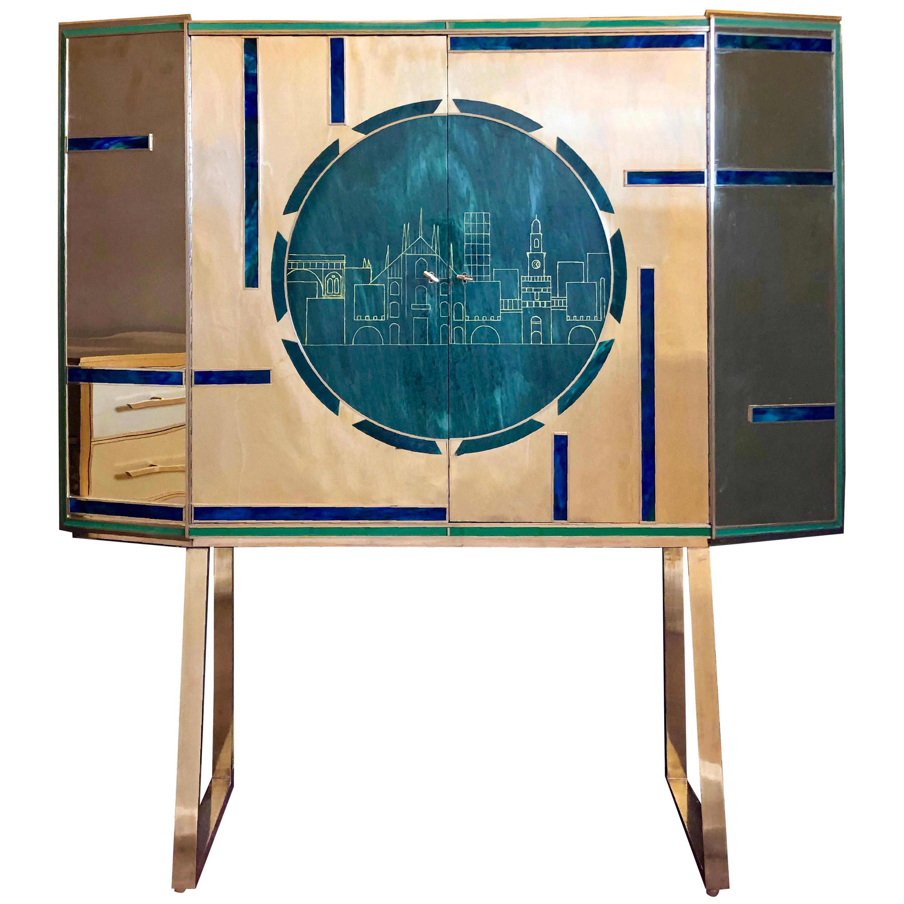 Mid-Century Modern Brass, Wood & Engraved Emerald Green Murano Glass Dry Bar For Sale
