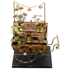 Mid-Century Modern Brass Wood Flower Cart Table Sculpture Signed Jere, 1970s