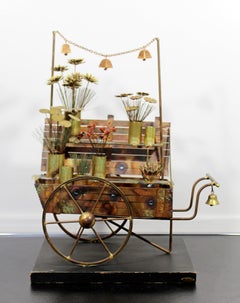 Mid-Century Modern Brass Wood Flower Cart Table Sculpture Signed Jere, 1970s