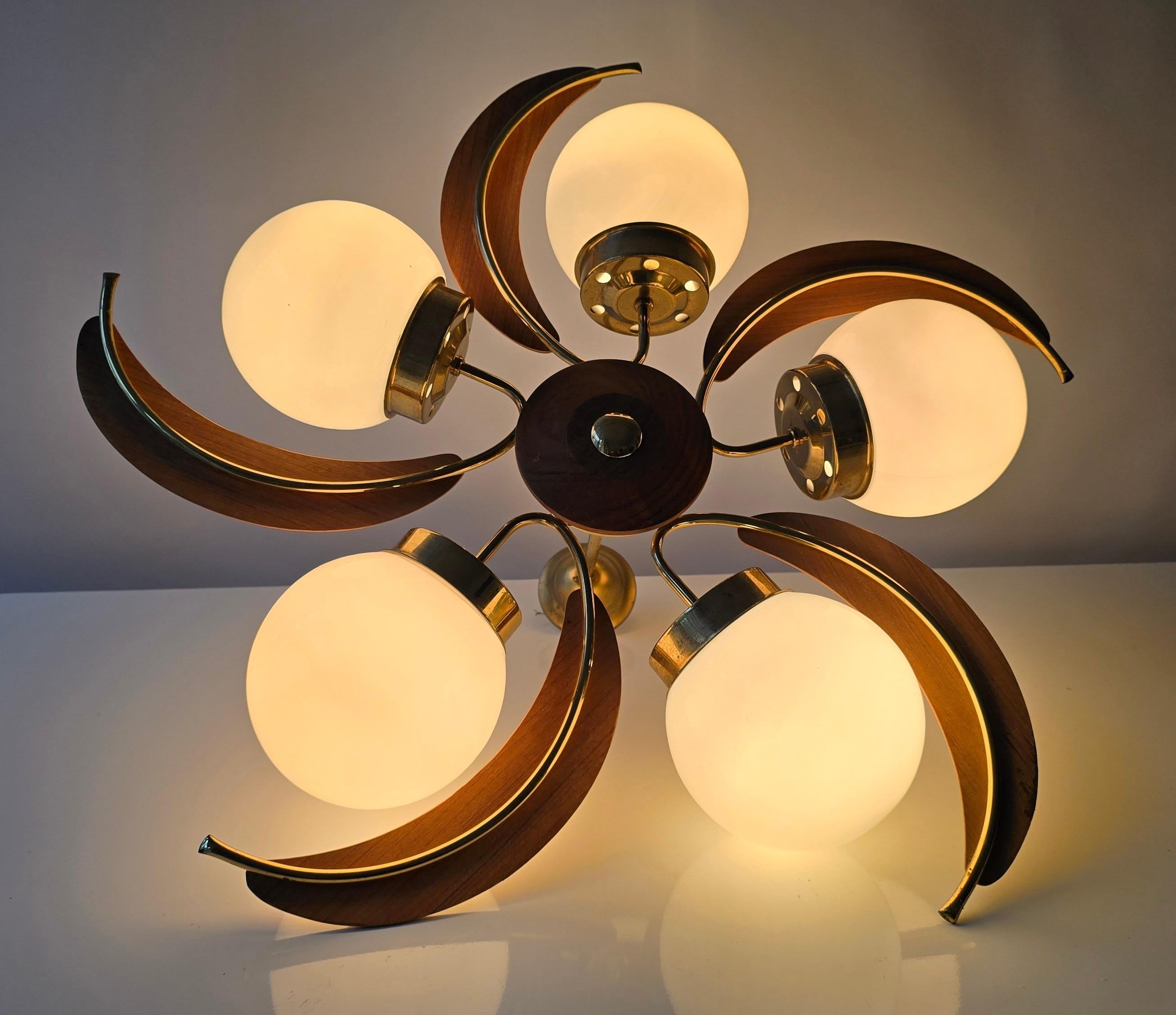 Lampadario a globo in ottone, legno e vetro opalino della modernità di metà secolo, anni '60 in vendita 1
