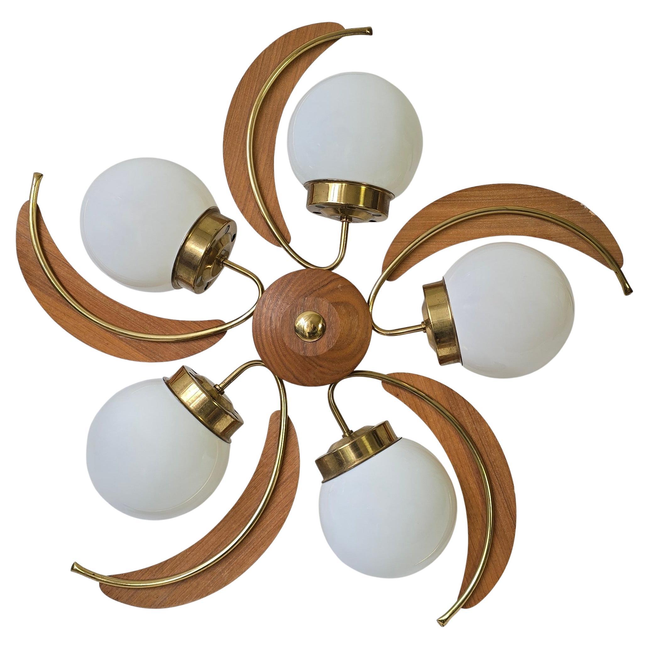 Lampadario a globo in ottone, legno e vetro opalino della modernità di metà secolo, anni '60

Un elegante lampadario d'epoca della metà del secolo scorso, proveniente dall'Italia e risalente agli anni '60 circa. Questa raffinata plafoniera è