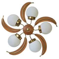 Mid-Century Modern Brass, Wood & Opaline Glass Globe Chandelier, 1960s