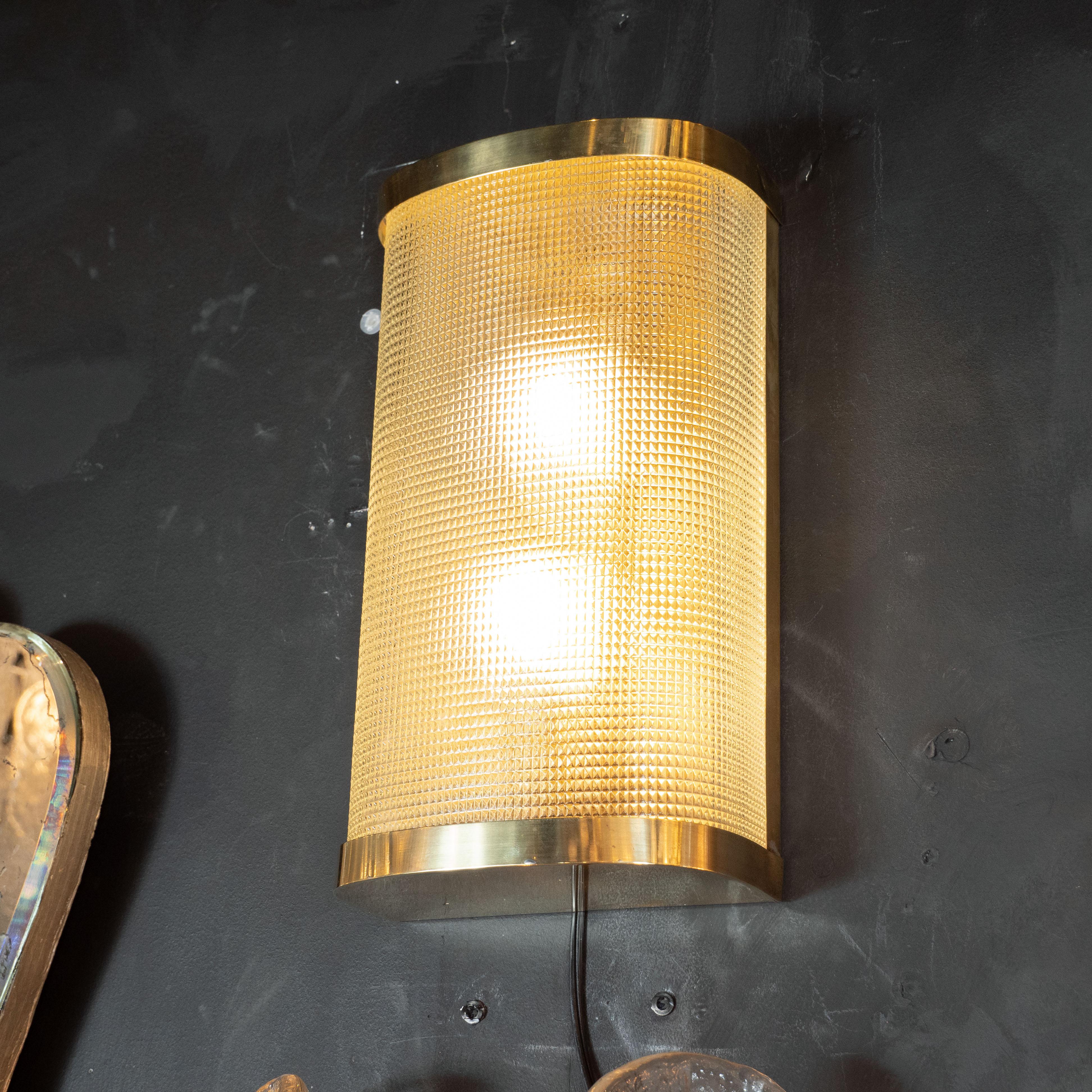 Italian Mid-Century Modern Brass Wrapped Sconces with Rectlinear Textured Glass Shades