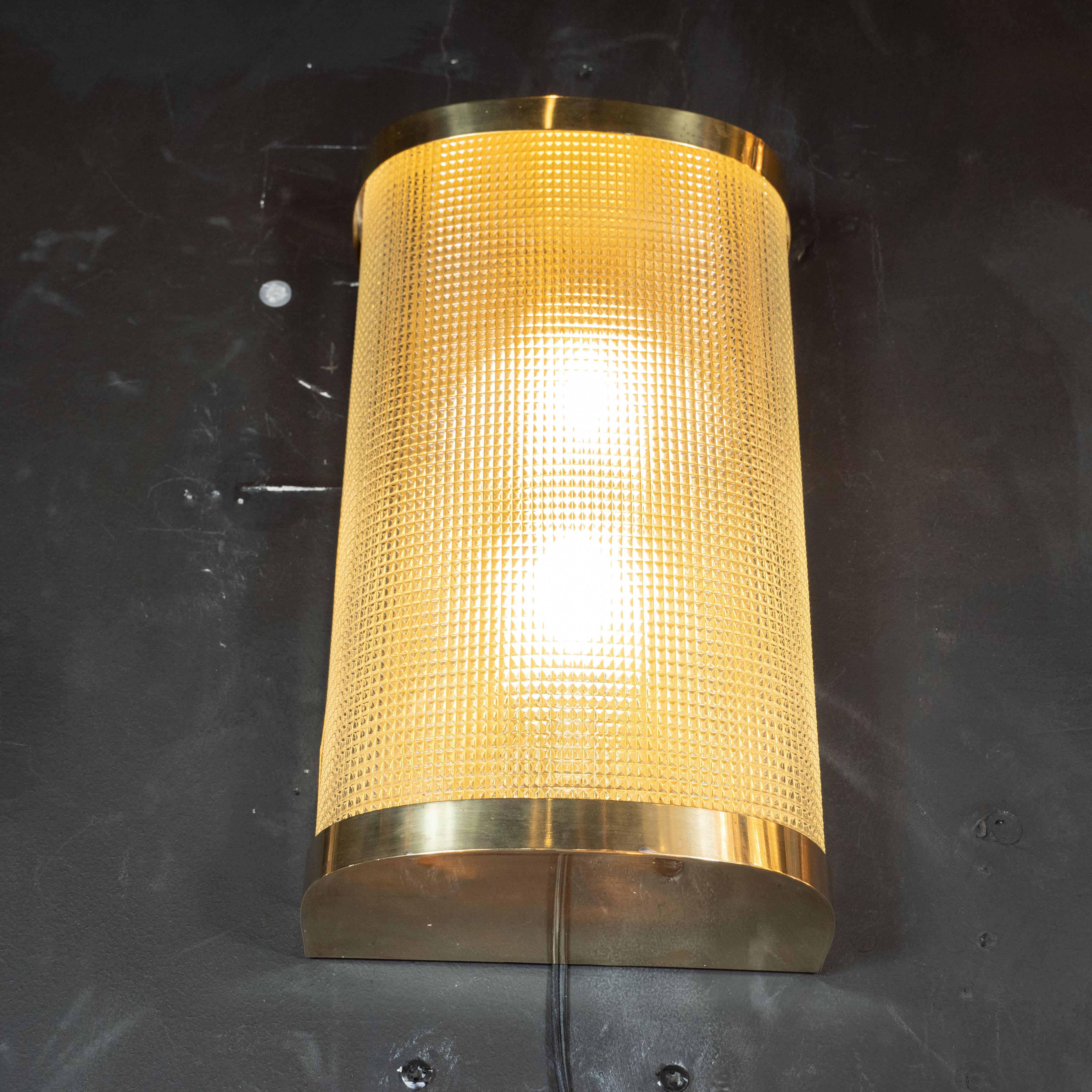 Mid-Century Modern Brass Wrapped Sconces with Rectlinear Textured Glass Shades In Excellent Condition In New York, NY