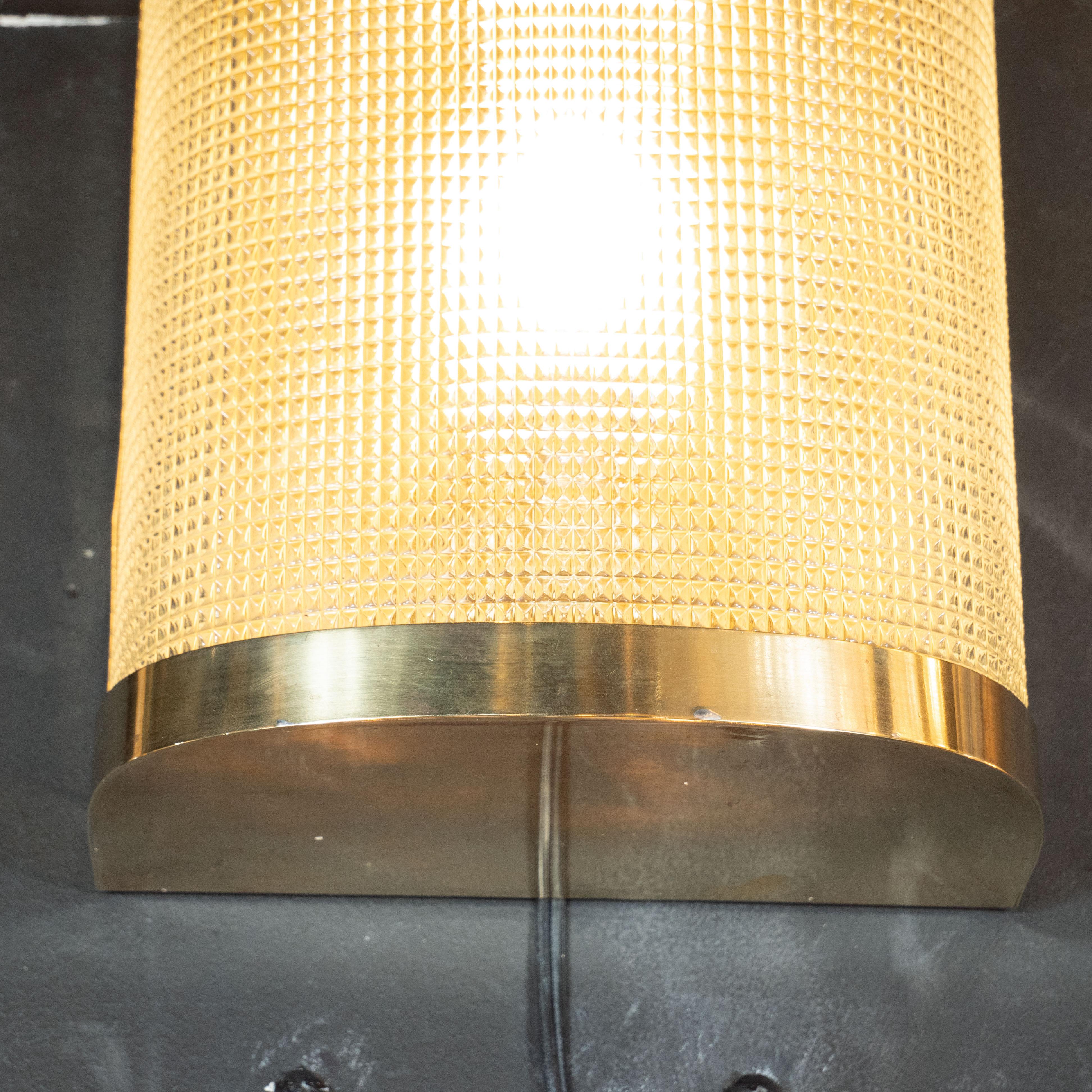 Mid-20th Century Mid-Century Modern Brass Wrapped Sconces with Rectlinear Textured Glass Shades