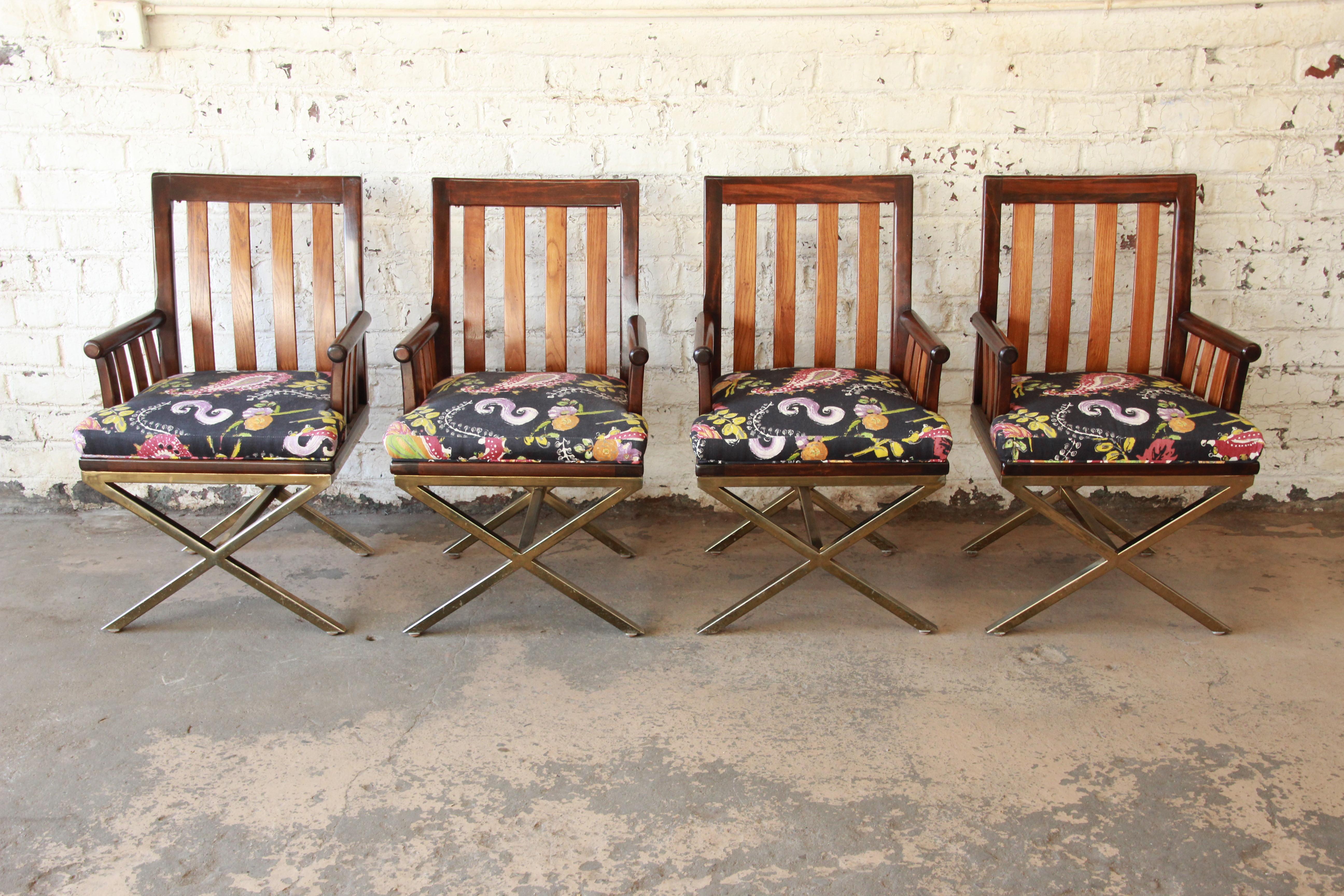 Mid-Century Modern Brass X-Base Armchairs, Set of Four In Good Condition In South Bend, IN