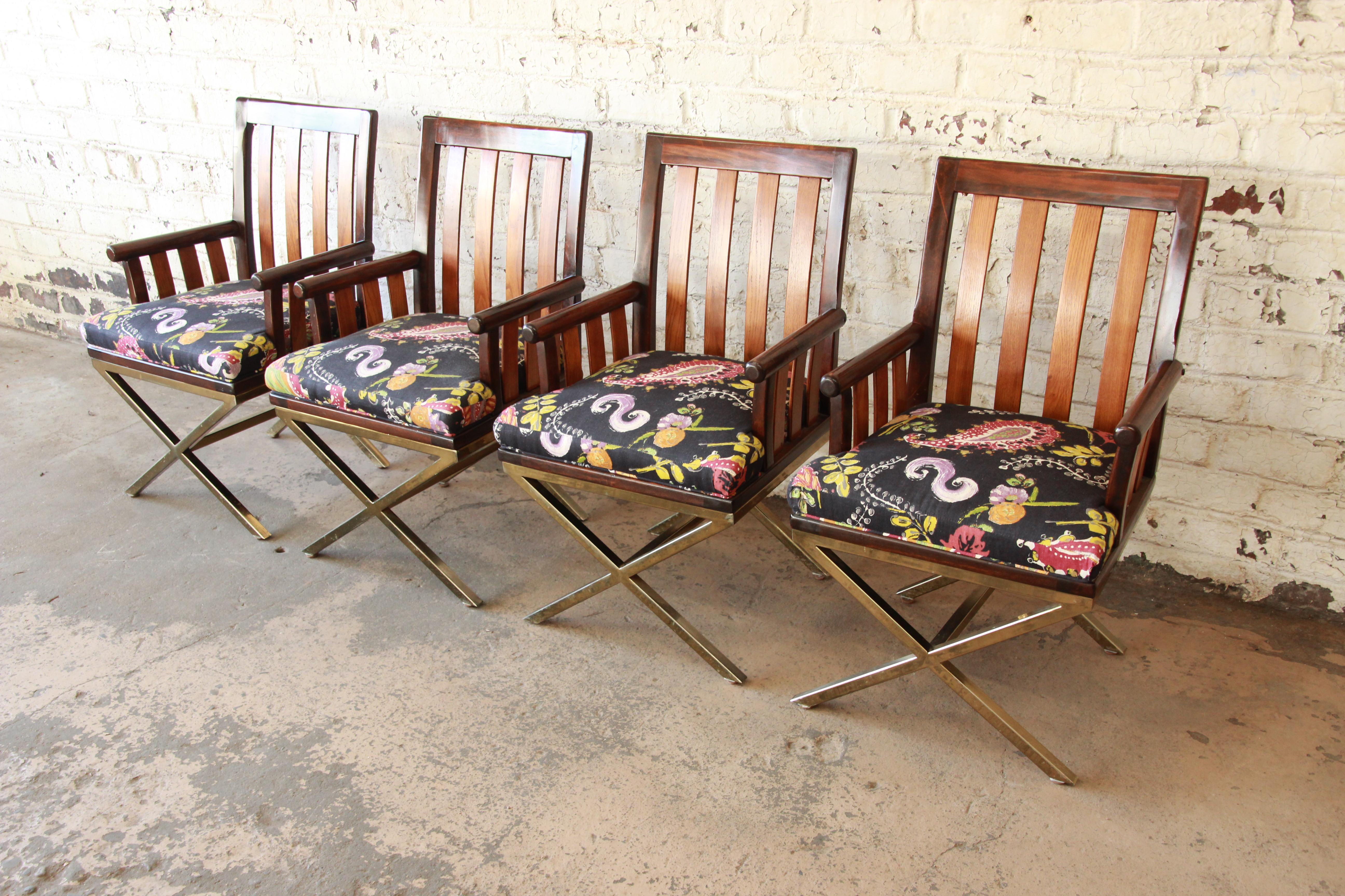 Late 20th Century Mid-Century Modern Brass X-Base Armchairs, Set of Four