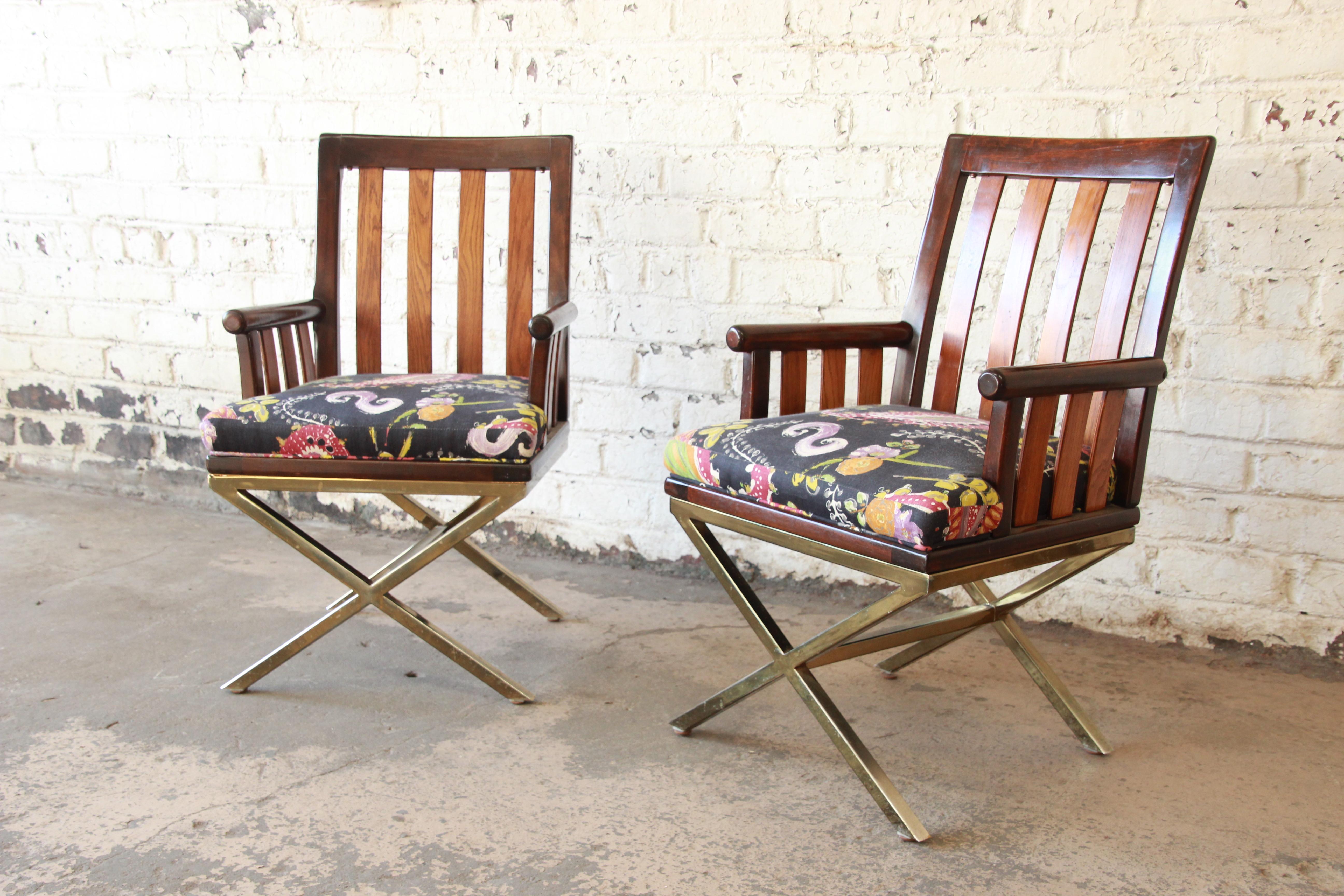 Mid-Century Modern Brass X-Base Armchairs, Set of Four 3