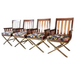 Mid-Century Modern Brass X-Base Armchairs, Set of Four