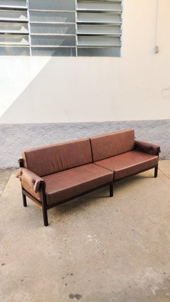 Mid-Century Modern Brazilian Solid Wood Brown Sofa