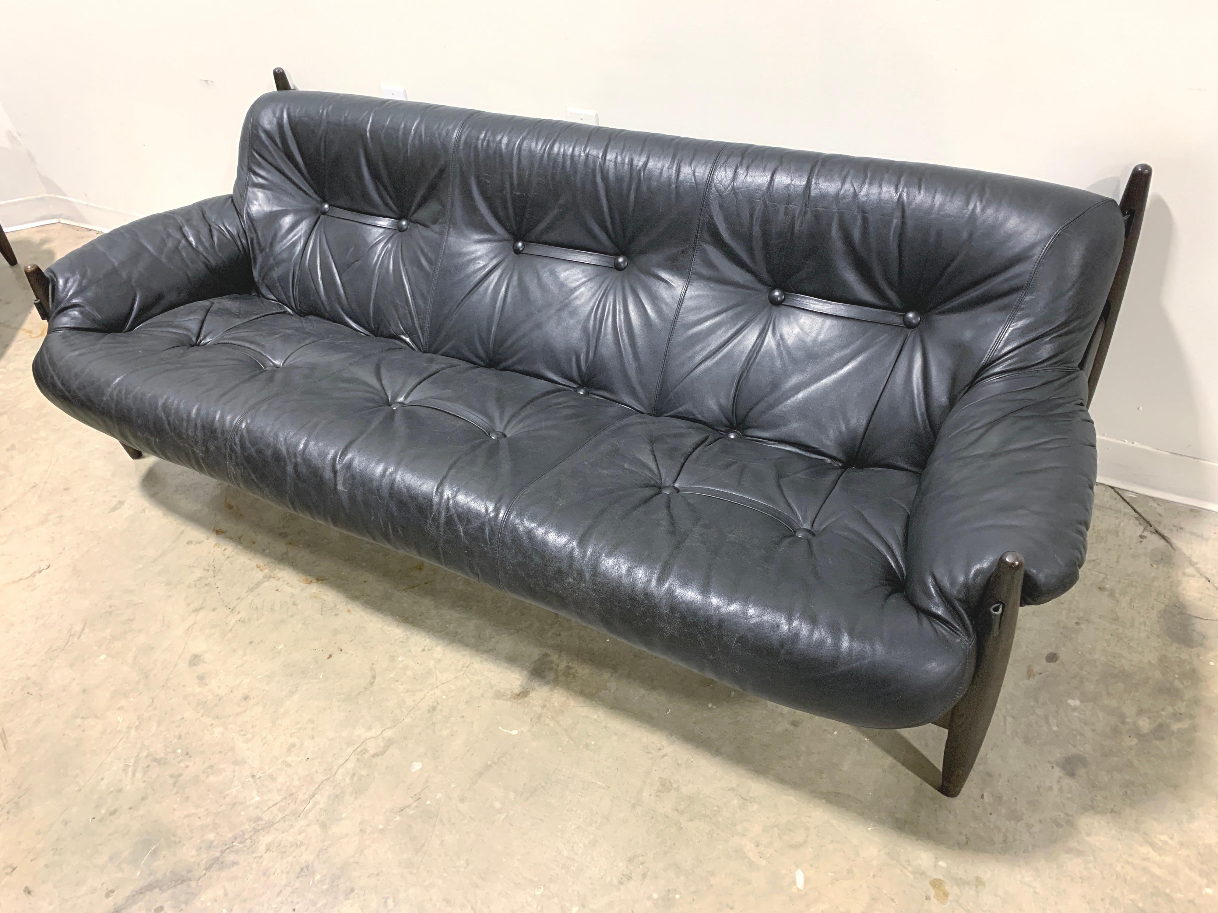 Mid Century Modern Brazilian style leather sofa chair set 3