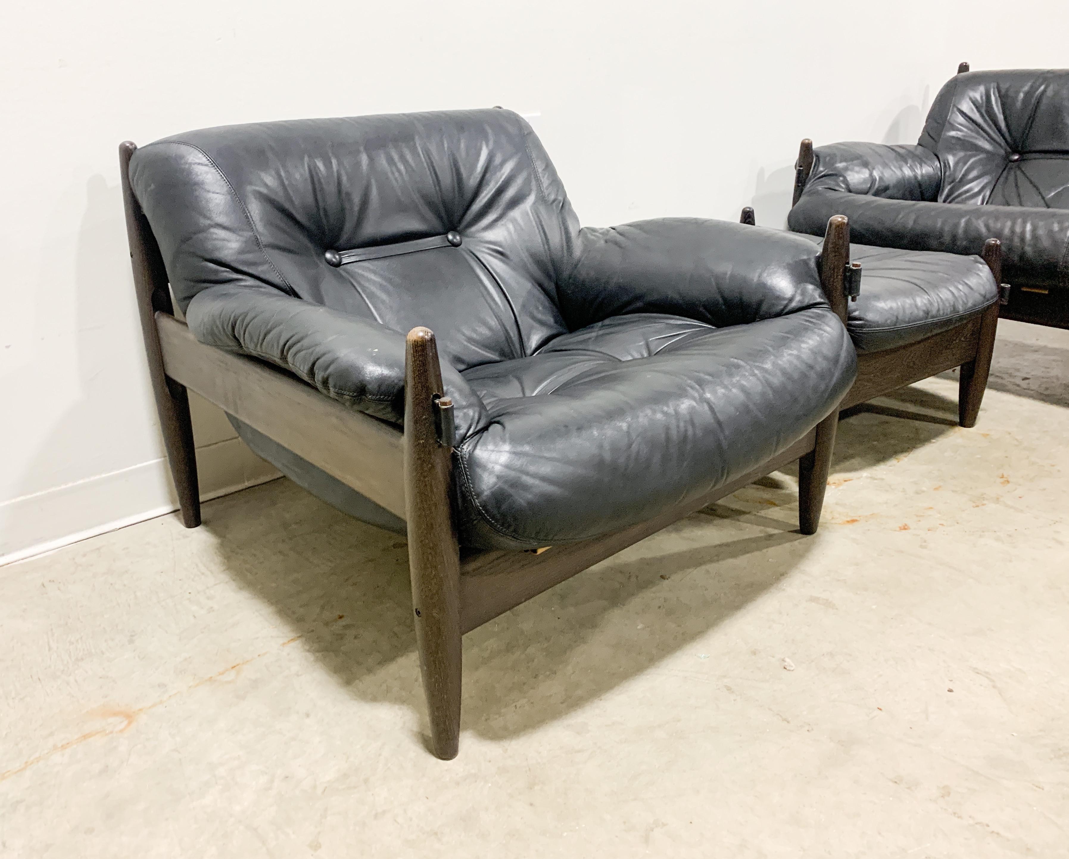 Ebonized Mid Century Modern Brazilian style leather sofa chair set