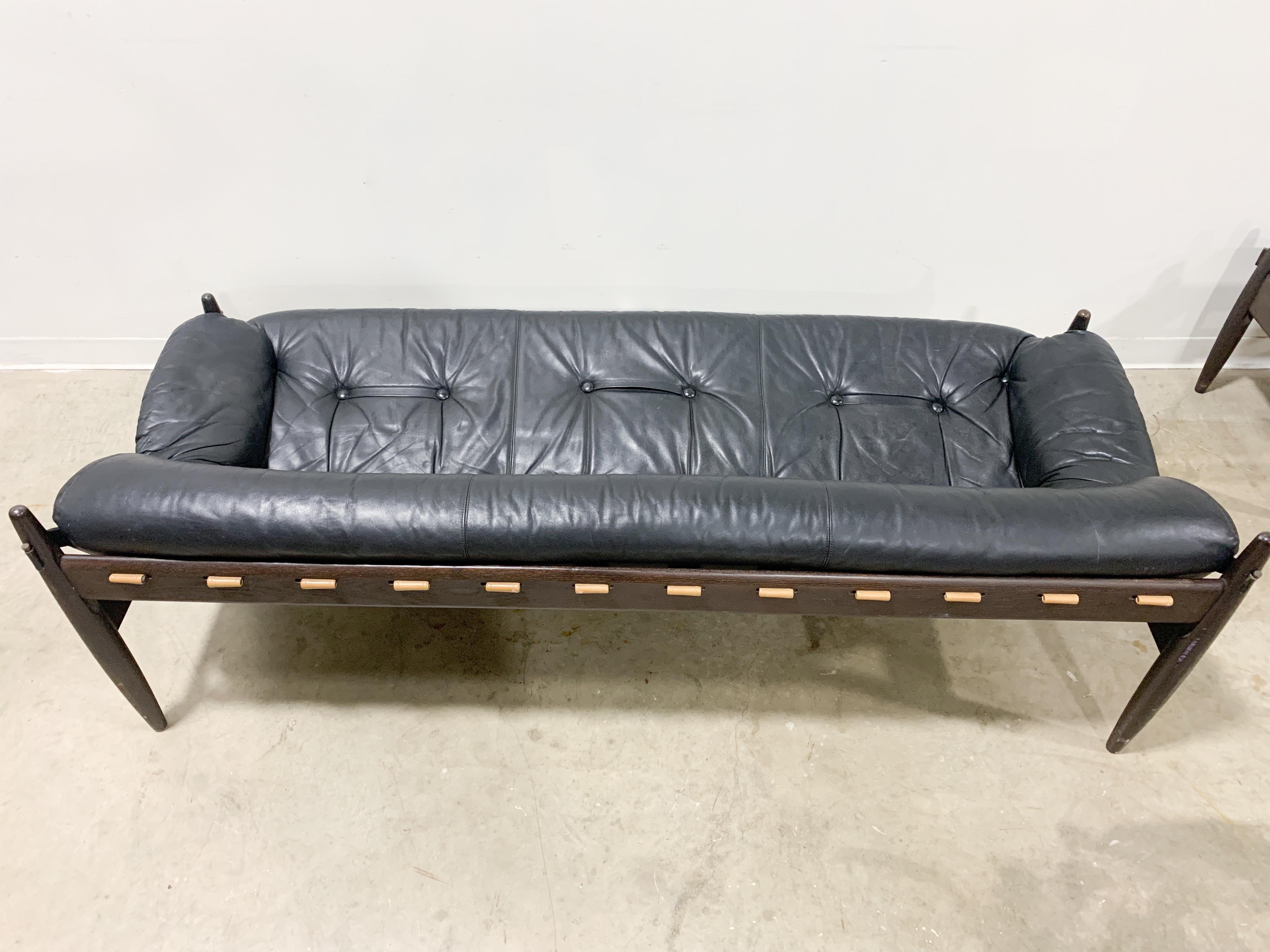 Mid Century Modern Brazilian style leather sofa chair set 1
