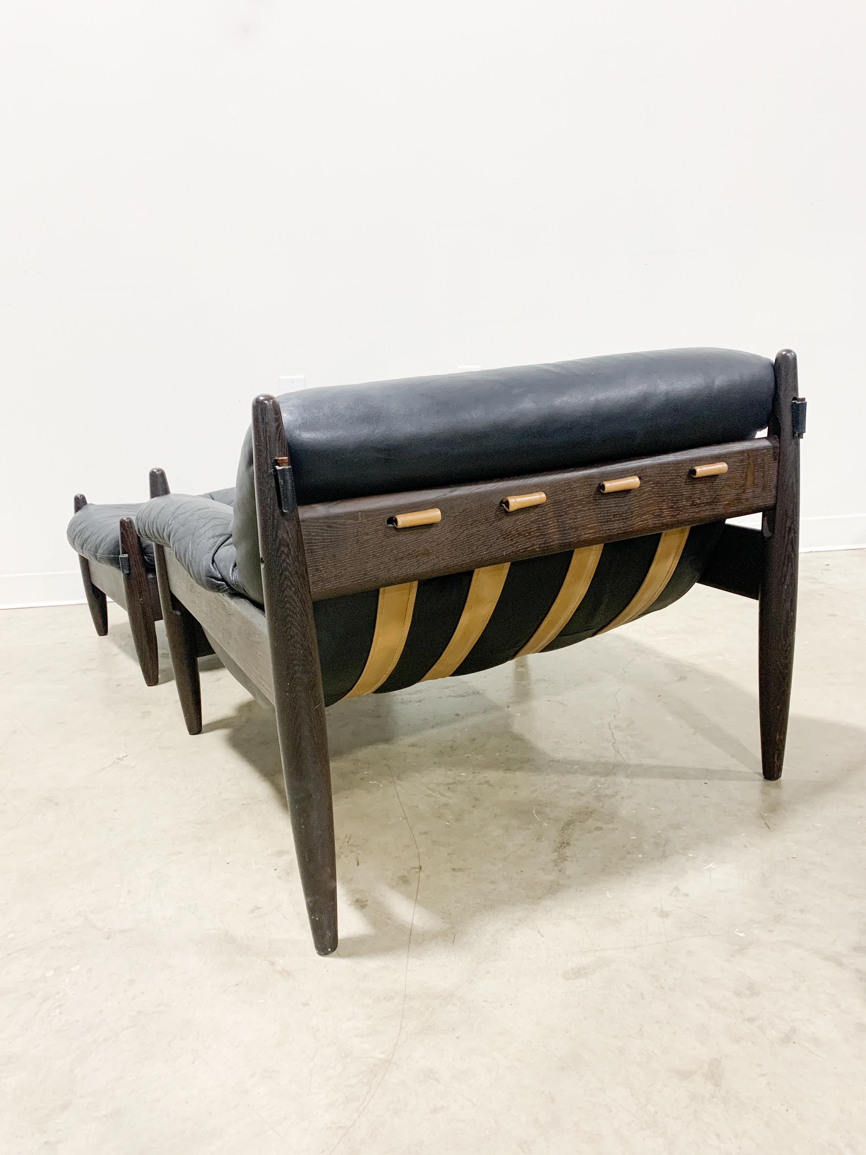 Mid Century Modern Brazilian style leather sofa chair set 2