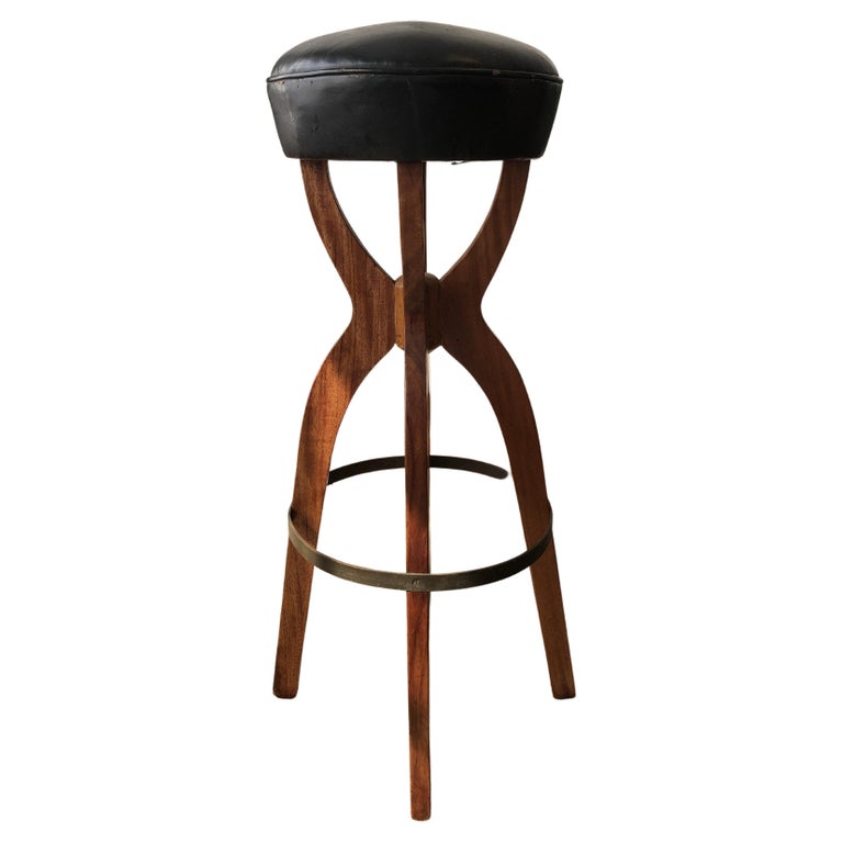 MidCentury Modern Brazilian Tall Stool in Wood and Faux Leather at 1stDibs