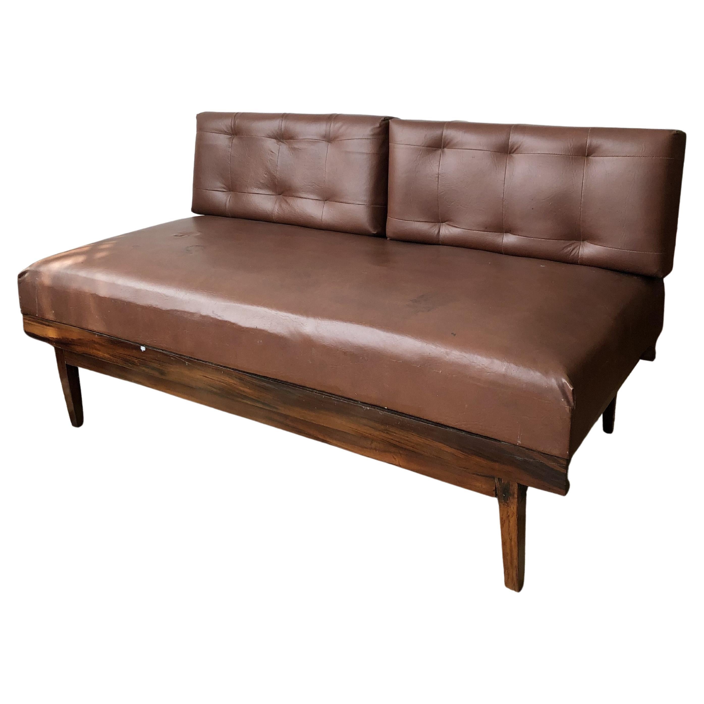 Solid caviuna wood frame leather sofa at 1stDibs