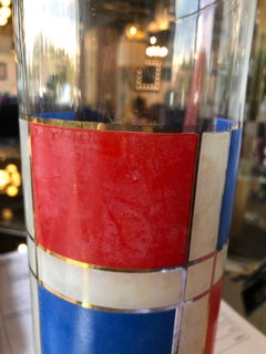 Mid-Century Modern Briard Style Mondrian Themed Glass Pitcher in Blue, Red, Gold