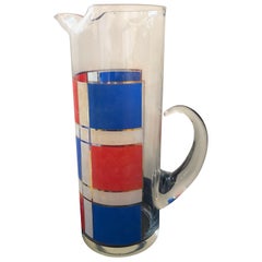 Mid-Century Modern Briard Style Mondrian Themed Glass Pitcher in Blue, Red, Gold