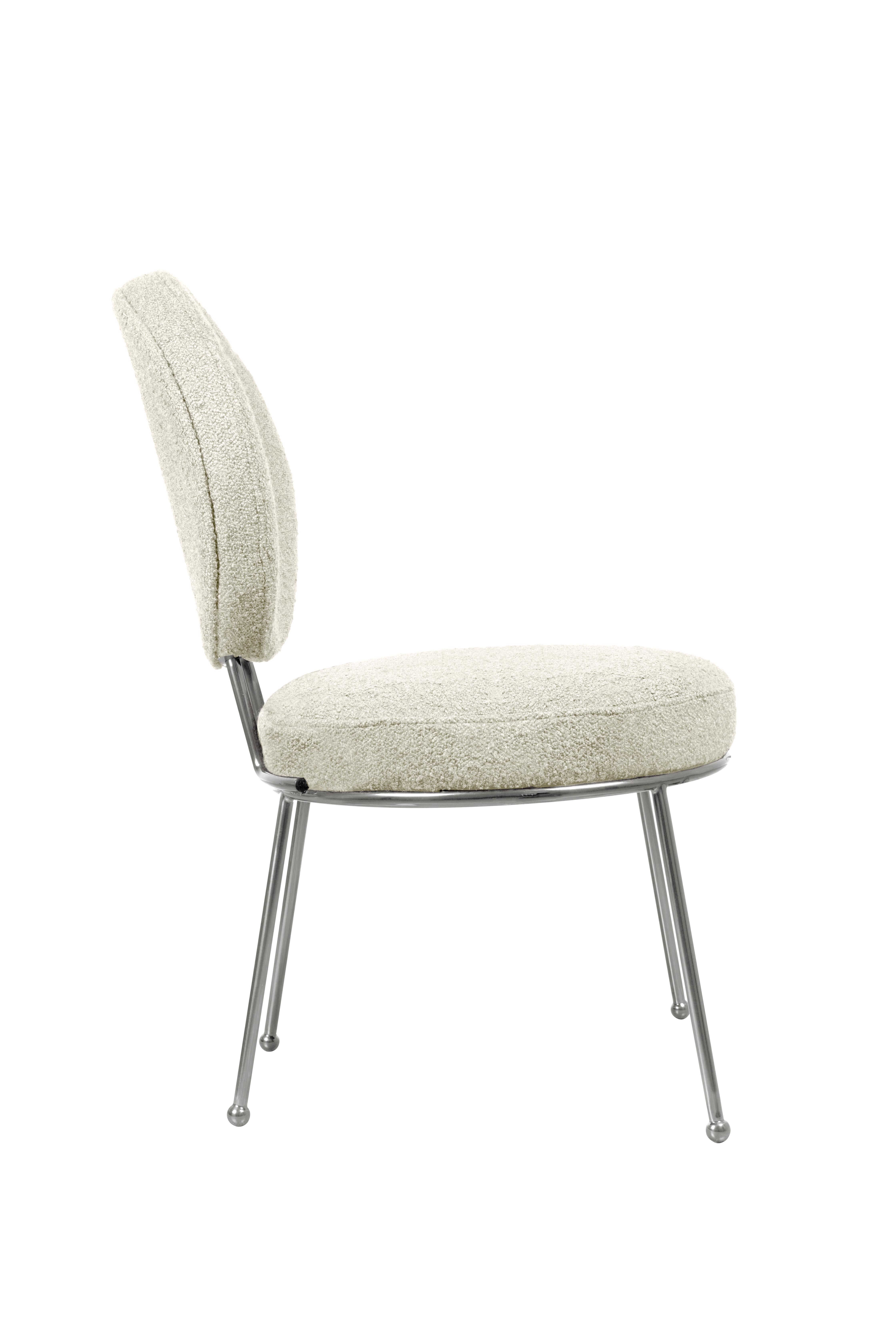 Portuguese Mid-Century Modern Brigid I Dining Chair Stainless Steel Boucle For Sale
