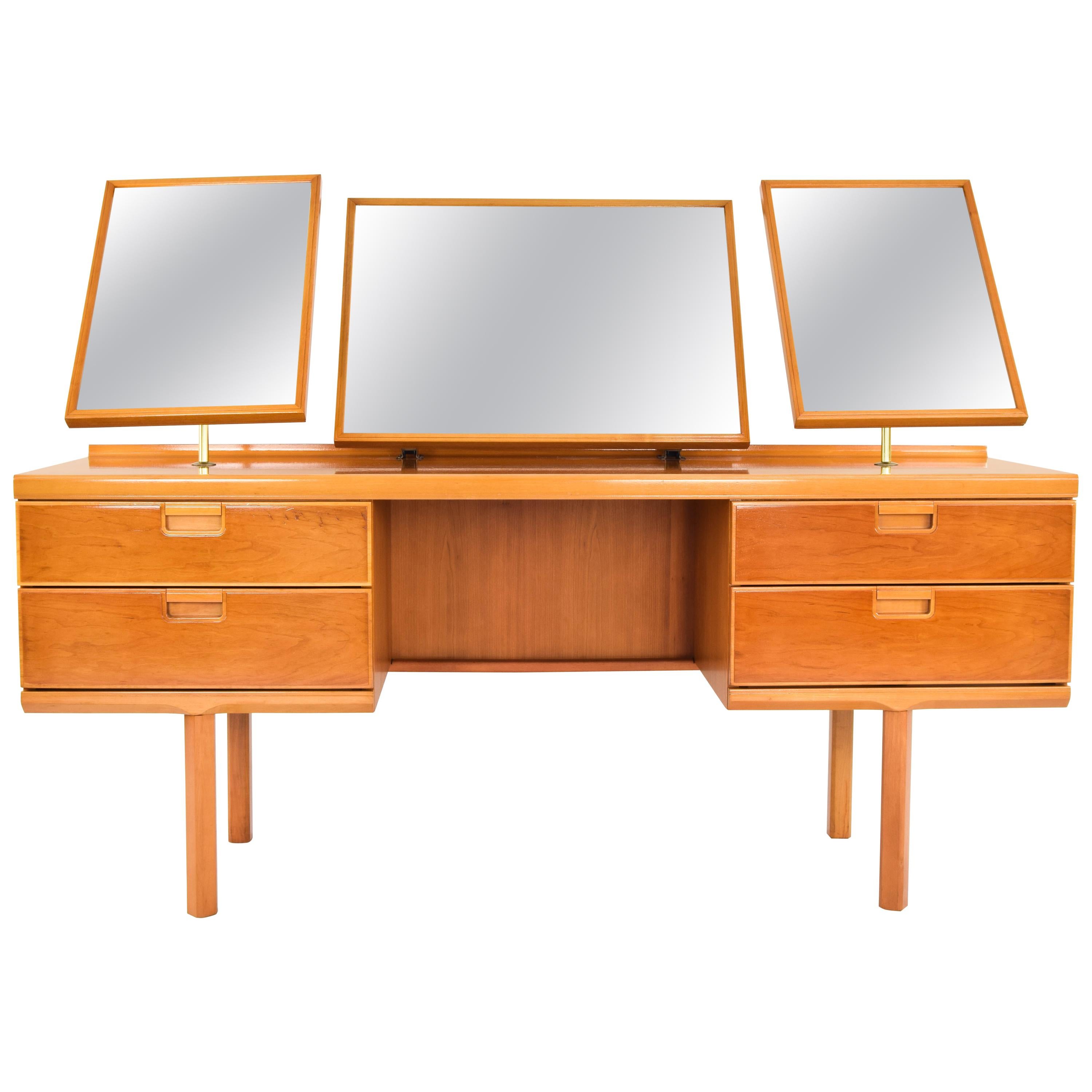 Mid-Century Modern British Beechwood Dressing Table with Triptych Mirror 1960s