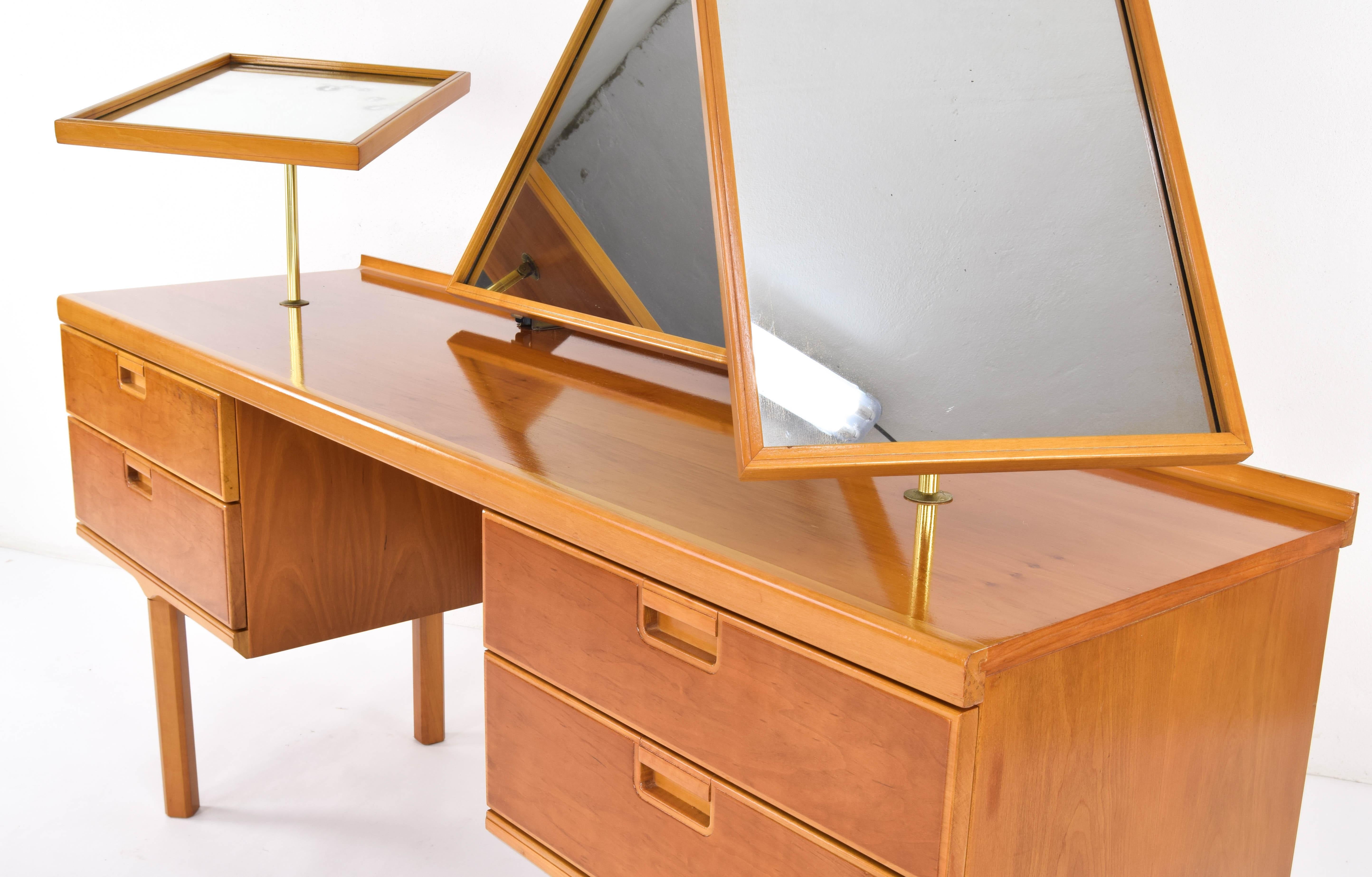 Mid-Century Modern British Beechwood Dressing Table with Triptych Mirror 1960s 5