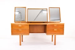 Mid-Century Modern British Beechwood Dressing Table with Triptych Mirror 1960s