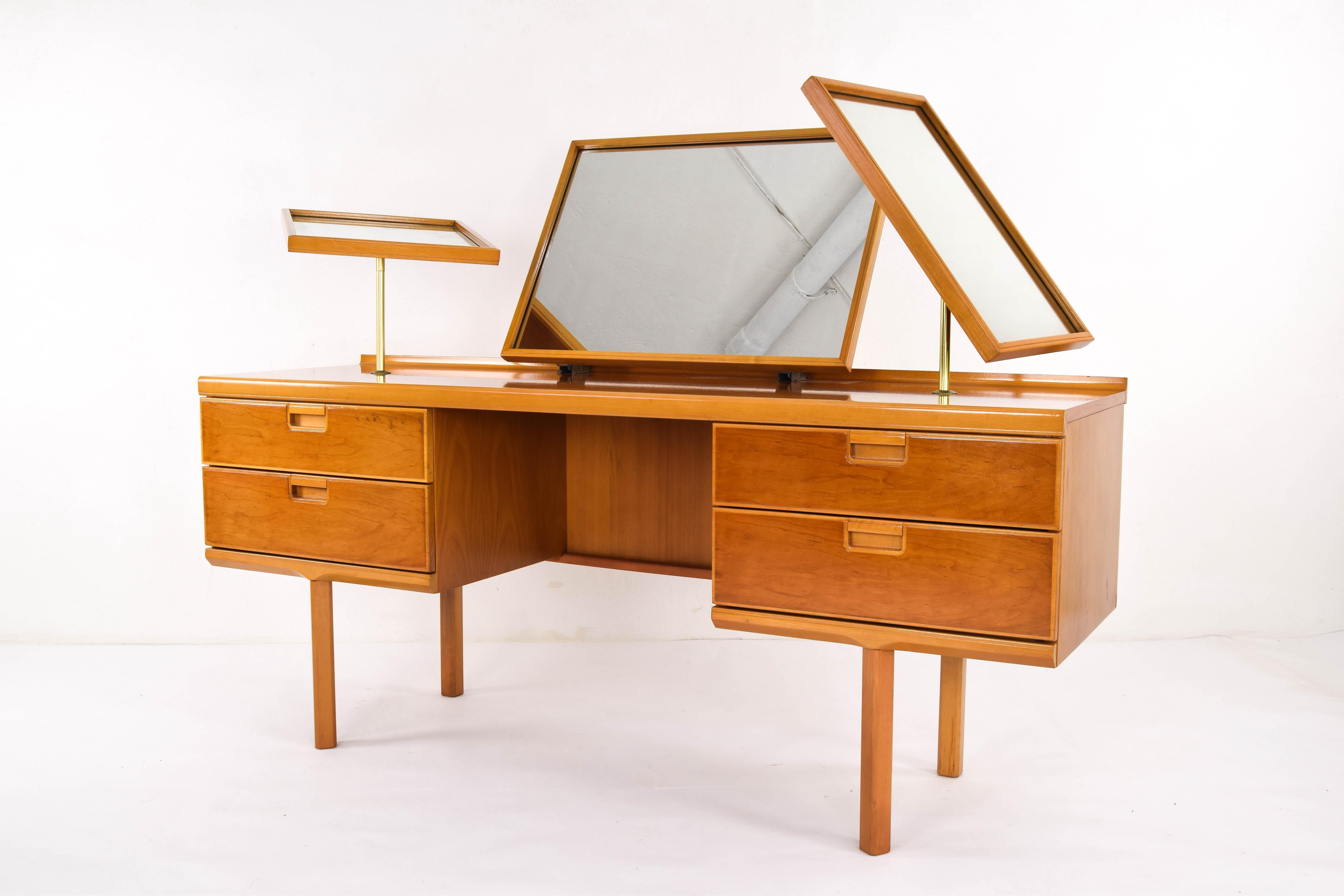 20th Century Mid-Century Modern British Beechwood Dressing Table with Triptych Mirror 1960s