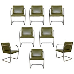 Mid-Century Modern BRNO Set 8 Tubular Chrome Armchairs 1970s Olive Leather
