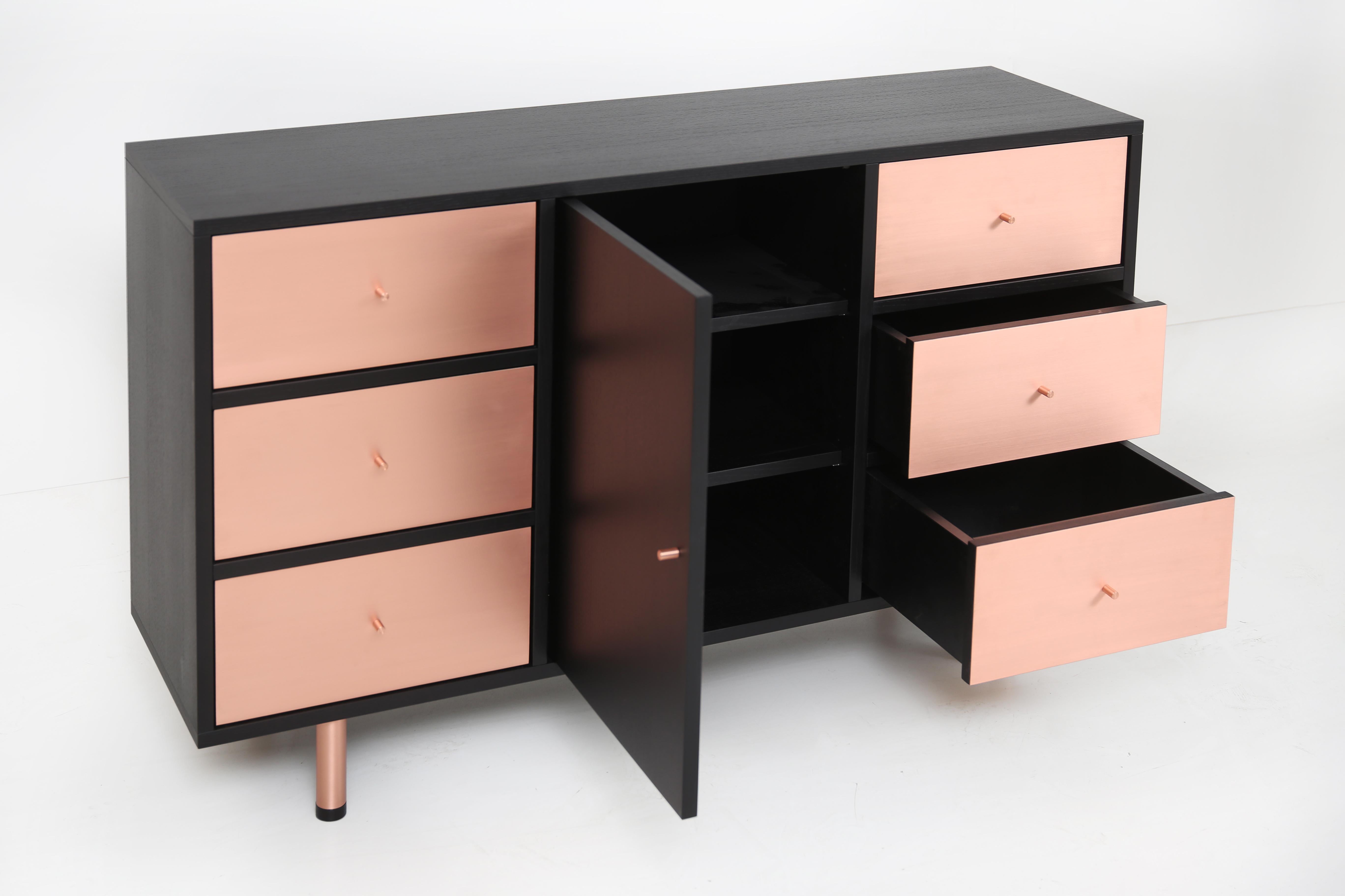 Latvian Mid-Century Modern Bronx Media Console in Black Ash, Copper For Sale