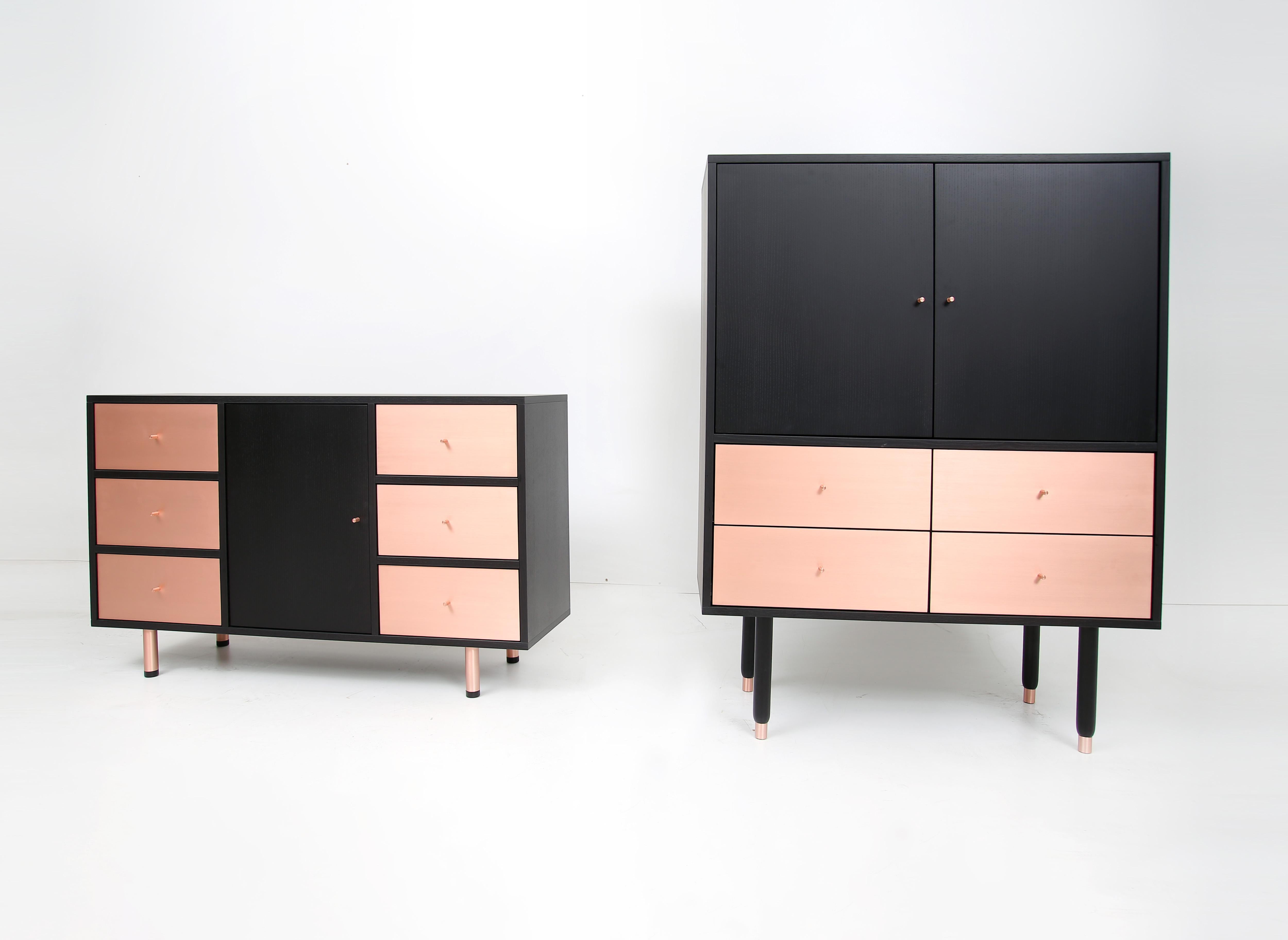 Mid-Century Modern Bronx Media Console in Black Ash, Copper In New Condition For Sale In Husavik, IS
