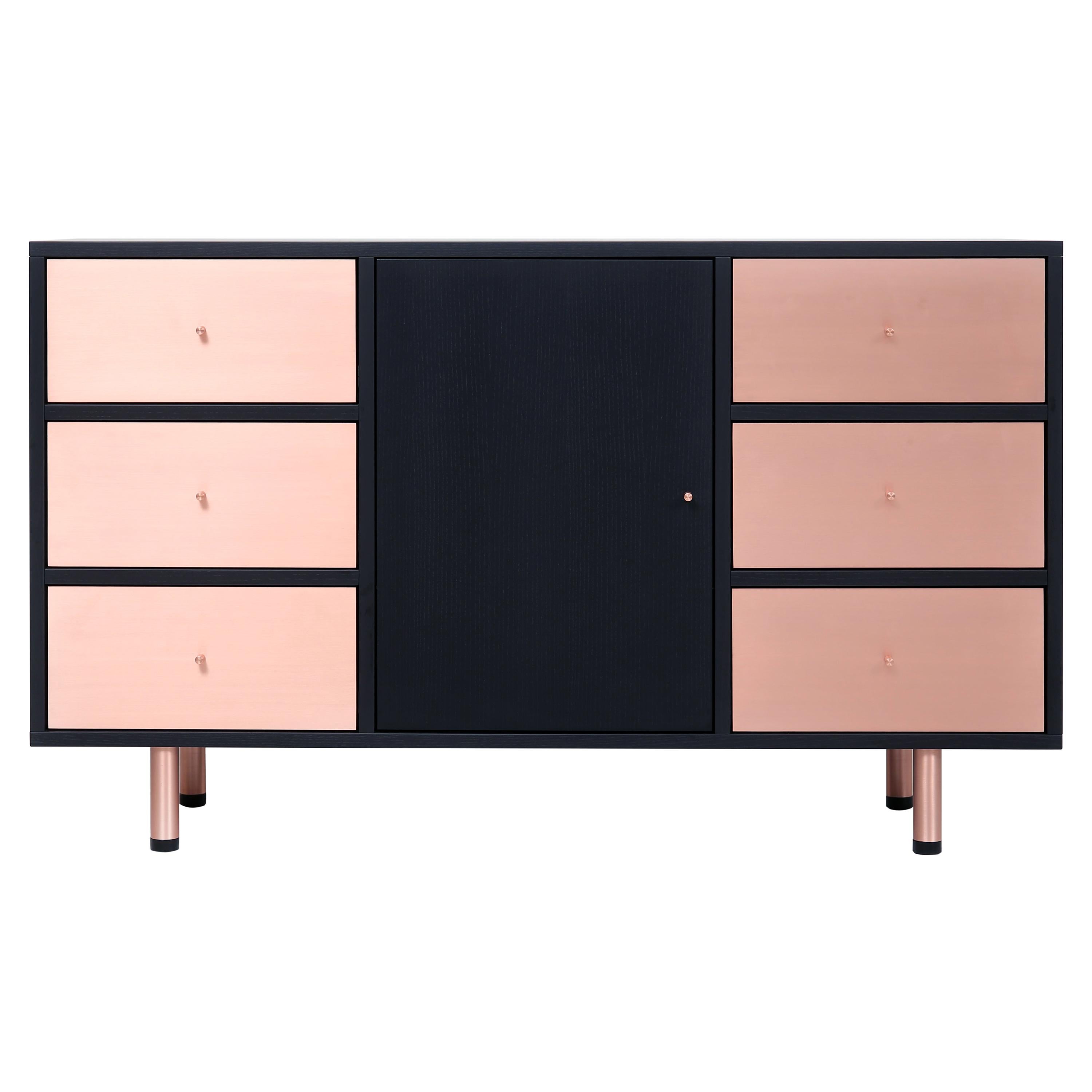 Mid-Century Modern Bronx Media Console in Black Ash, Copper For Sale