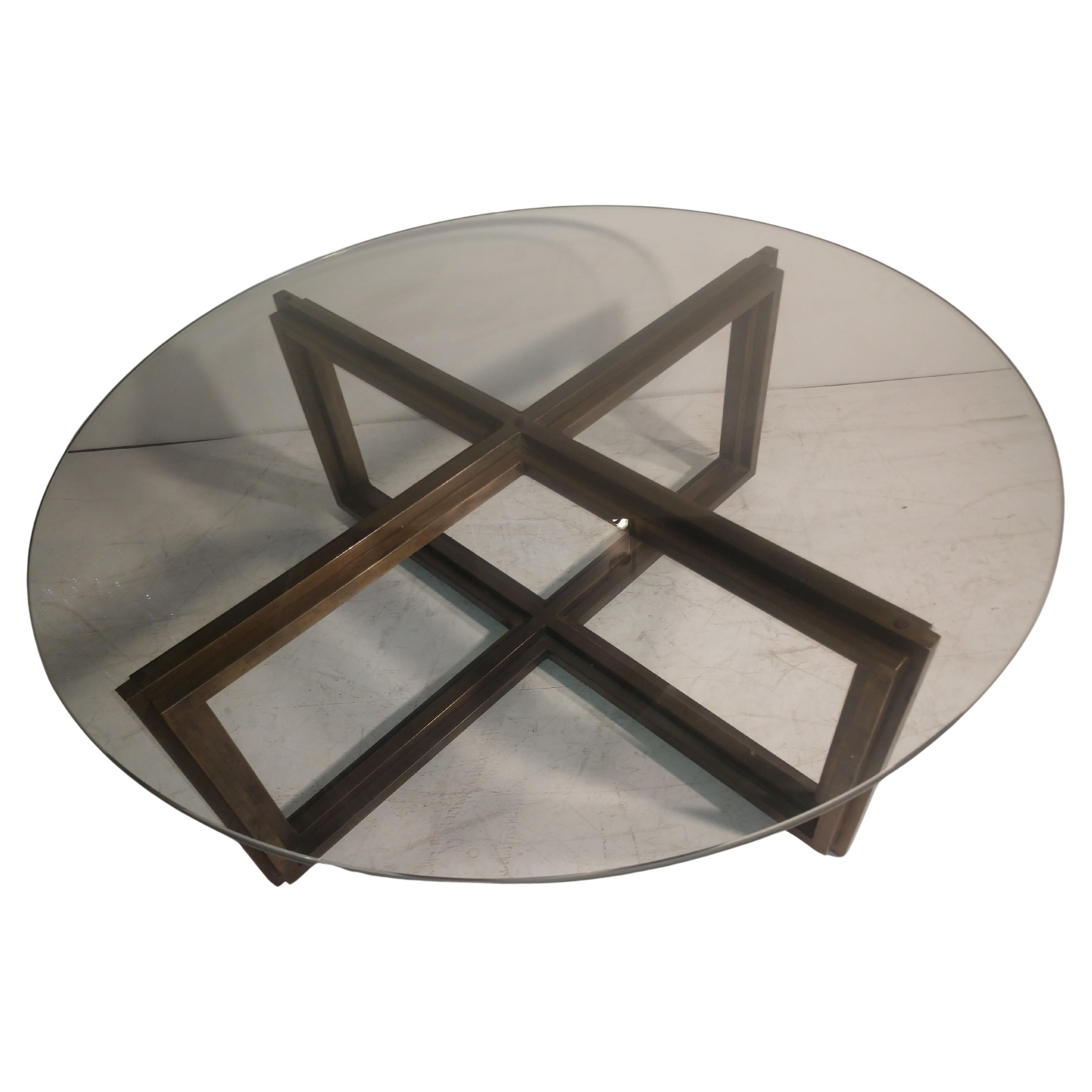 Welded Mid-Century Modern Bronze Architectural Base with Round Dimensional Glass Top