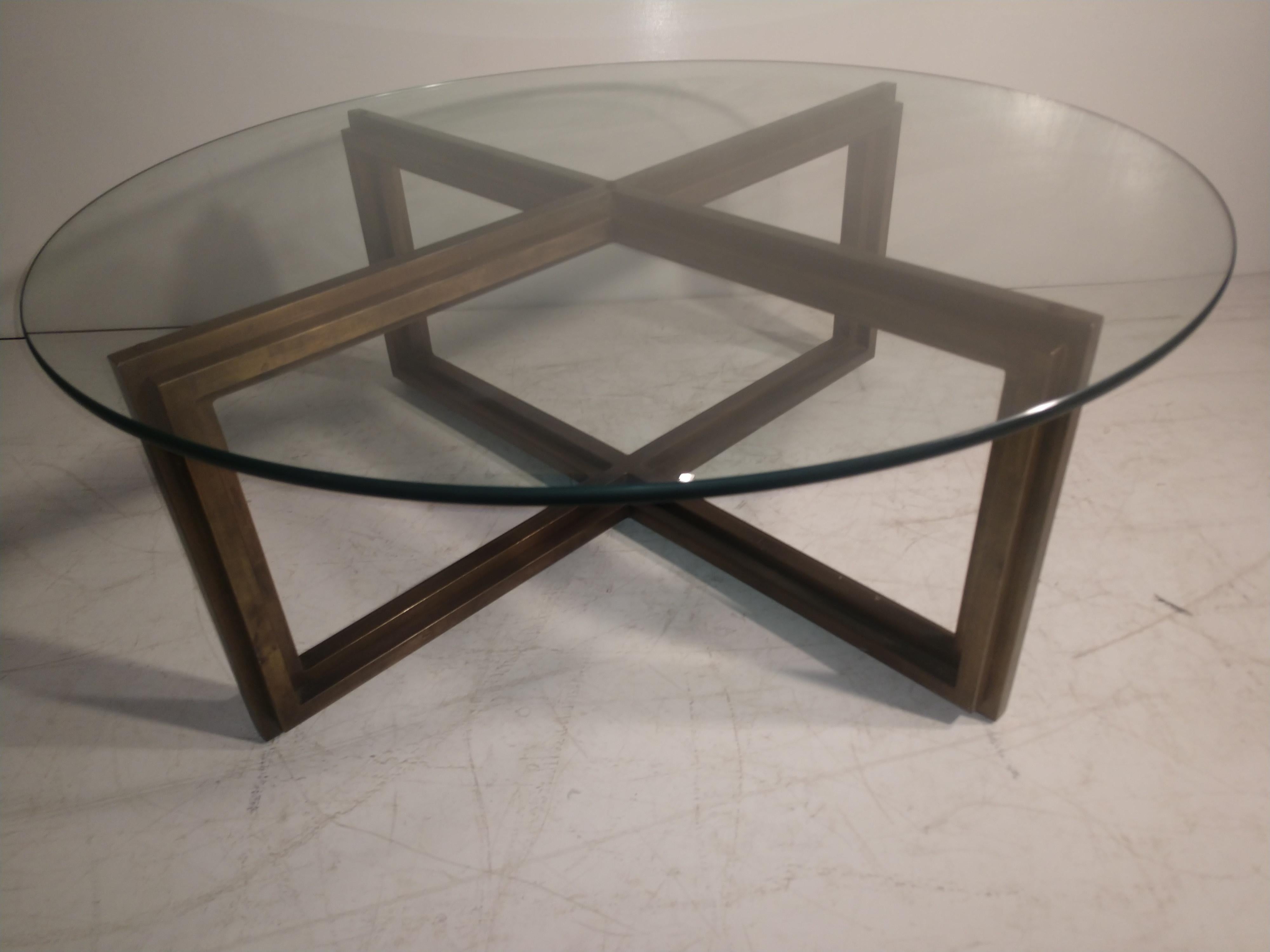 Mid-20th Century Mid-Century Modern Bronze Architectural Base with Round Dimensional Glass Top For Sale