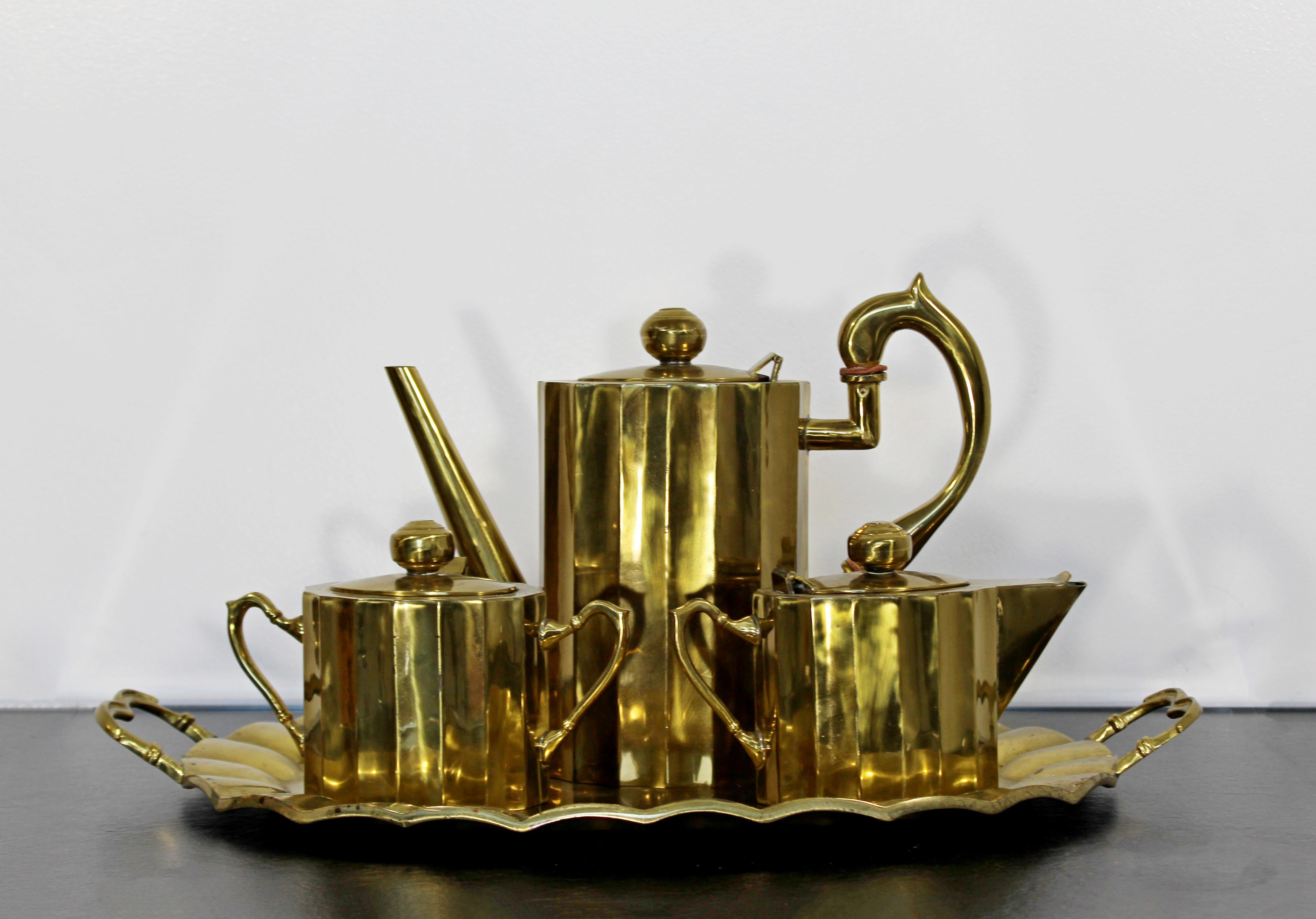 For your consideration is a fantastic, bronze tea or coffee set, including tray, coffee pot, creamer and sugar bowl. The set is stamped made in Mexico, and is attributed to J. Jiminez. In excellent condition, with a patina to match its age. The