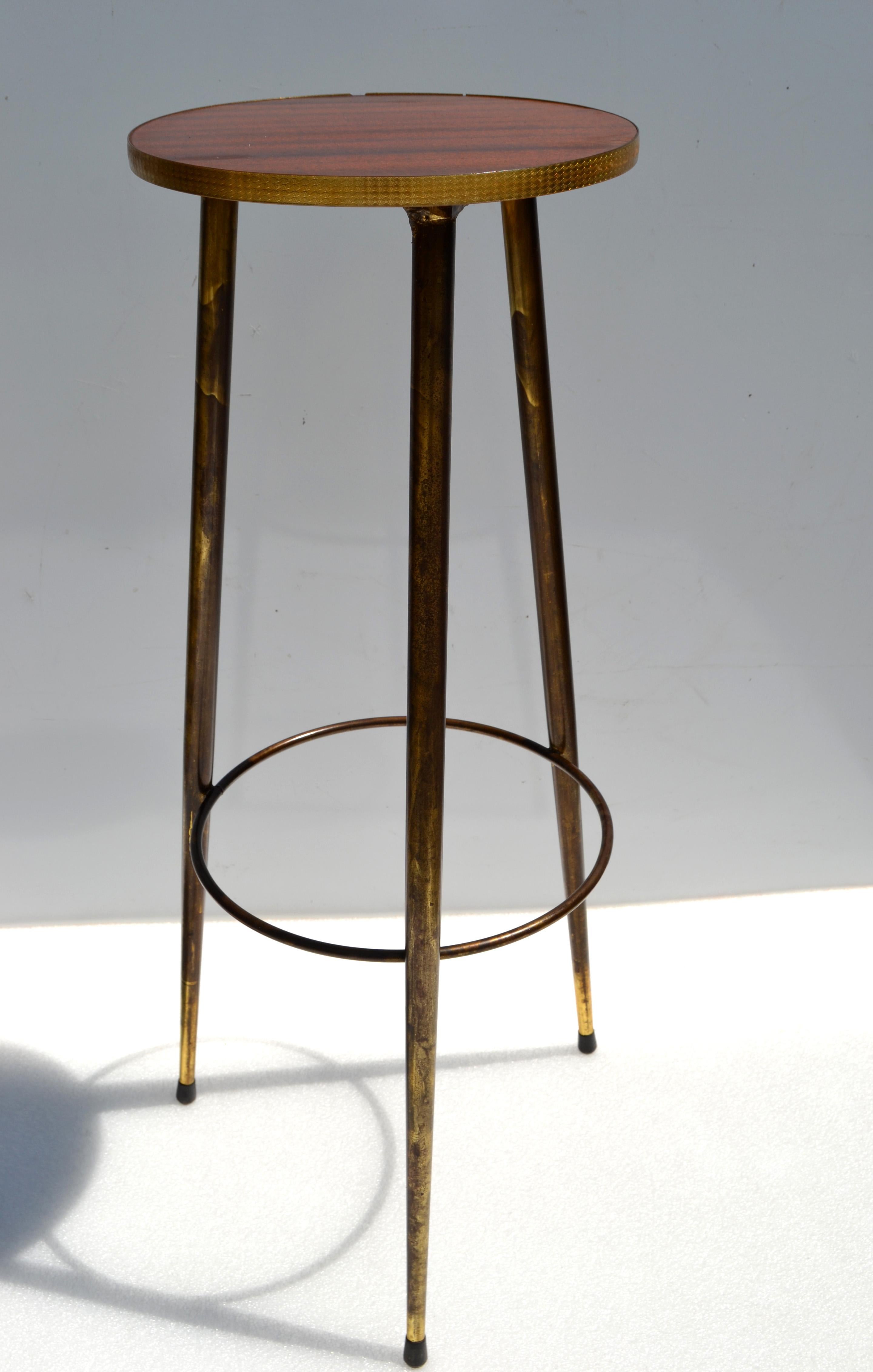 Mid-Century Modern Bronze, Brass & Laminate Wood Drink Side Table Tripod Base For Sale 7