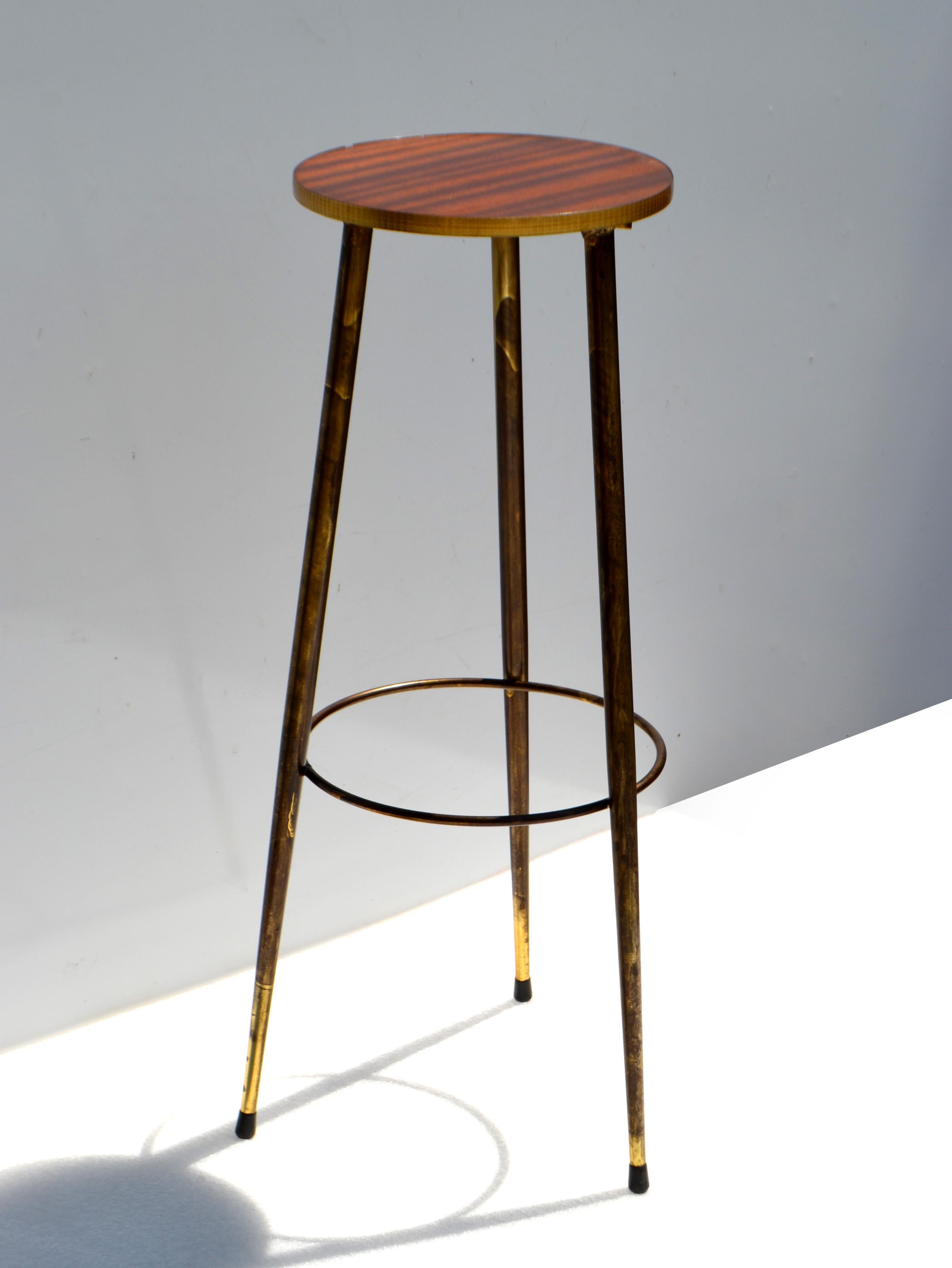 French Mid-Century Modern Bronze, Brass & Laminate Wood Drink Side Table Tripod Base For Sale